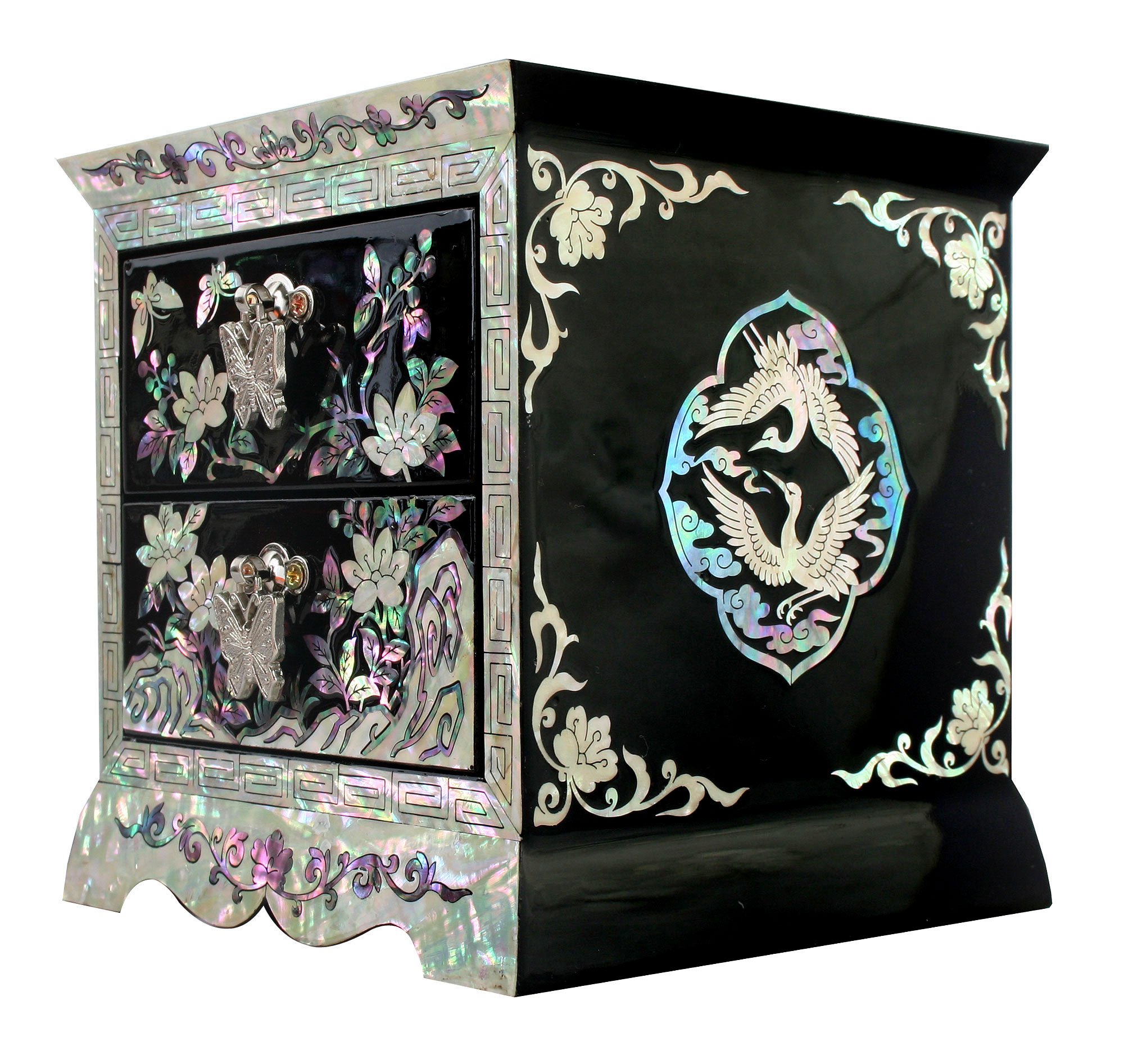 Handcrafted Asian Lacquer Jewelry Box with Mother of Pearl Inlay - Floral & Crane Design in Red Korean Mulberry Paper - Wooden Ring Organizer for Women, Girls Gift, Keepsake Storage - Perfect for Jewelry Display, Dresser Decor & Wedding Gift