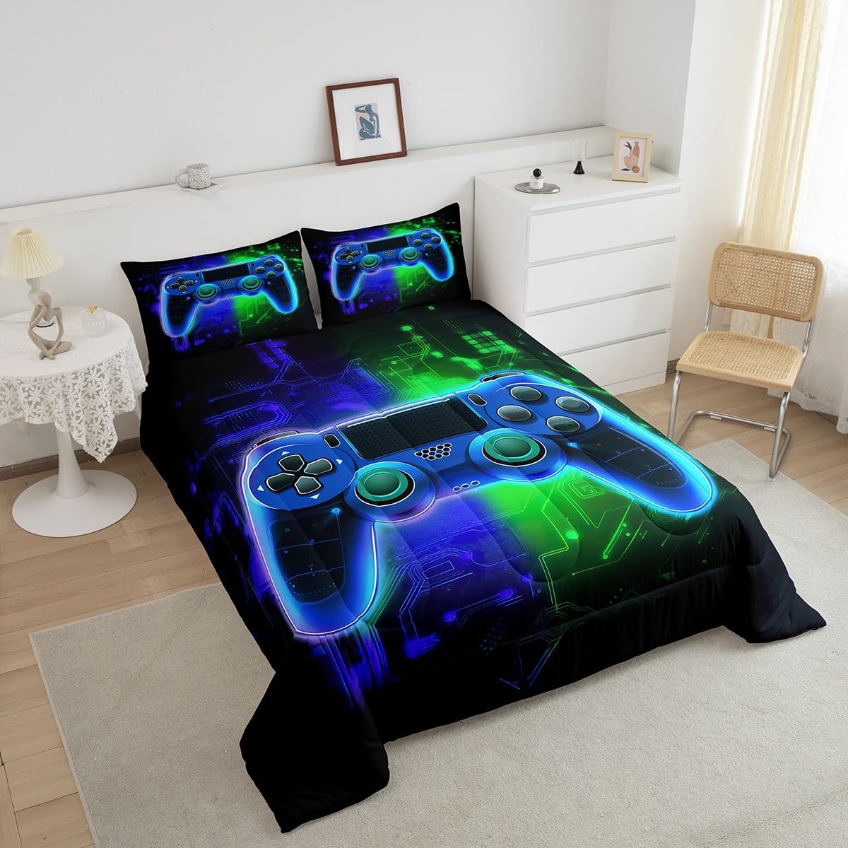 Cool Gaming Comforter Set for Boys - Full Size Video Game Controller Bedding with 2 Pillowcases | Blue & Green Gamer Duvet Cover | Perfect for Kids' Bedroom, Sleepovers & Gaming Themed Decor