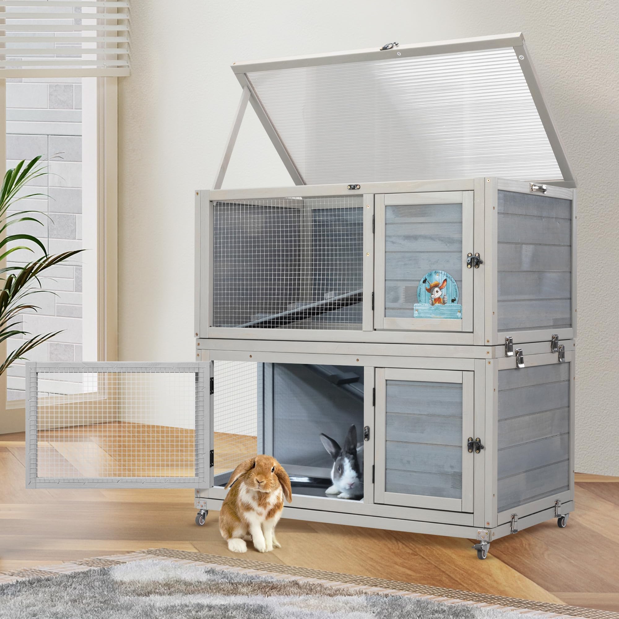2-Story Wooden Rabbit Hutch - Weatherproof Indoor/Outdoor Bunny Cage with Wheels, Pull-Out Tray & Non-Slip Ramp - Grey Pet House for Rabbits, Guinea Pigs & Small Animals - Perfect for Backyard, Garden or Patio Use