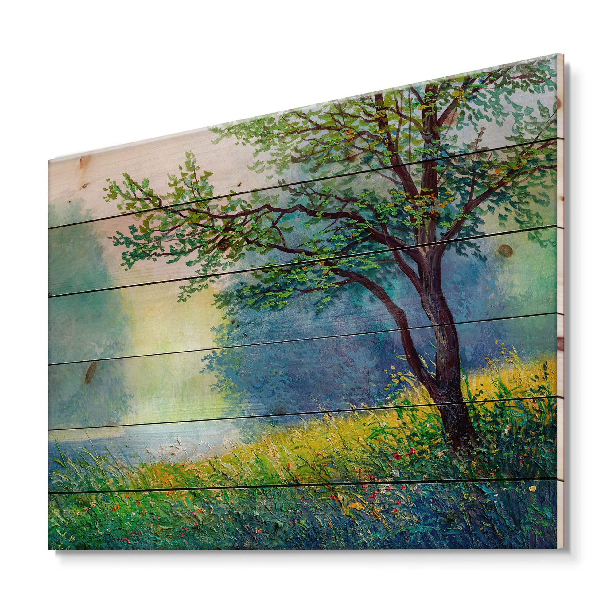 Traditional Wood Wall Decor - Summer Forest with River and Waterfall Landscape Art, Large Green Wood Wall Panels Printed on Natural Pine | Perfect for Living Room, Bedroom, or Office Decoration