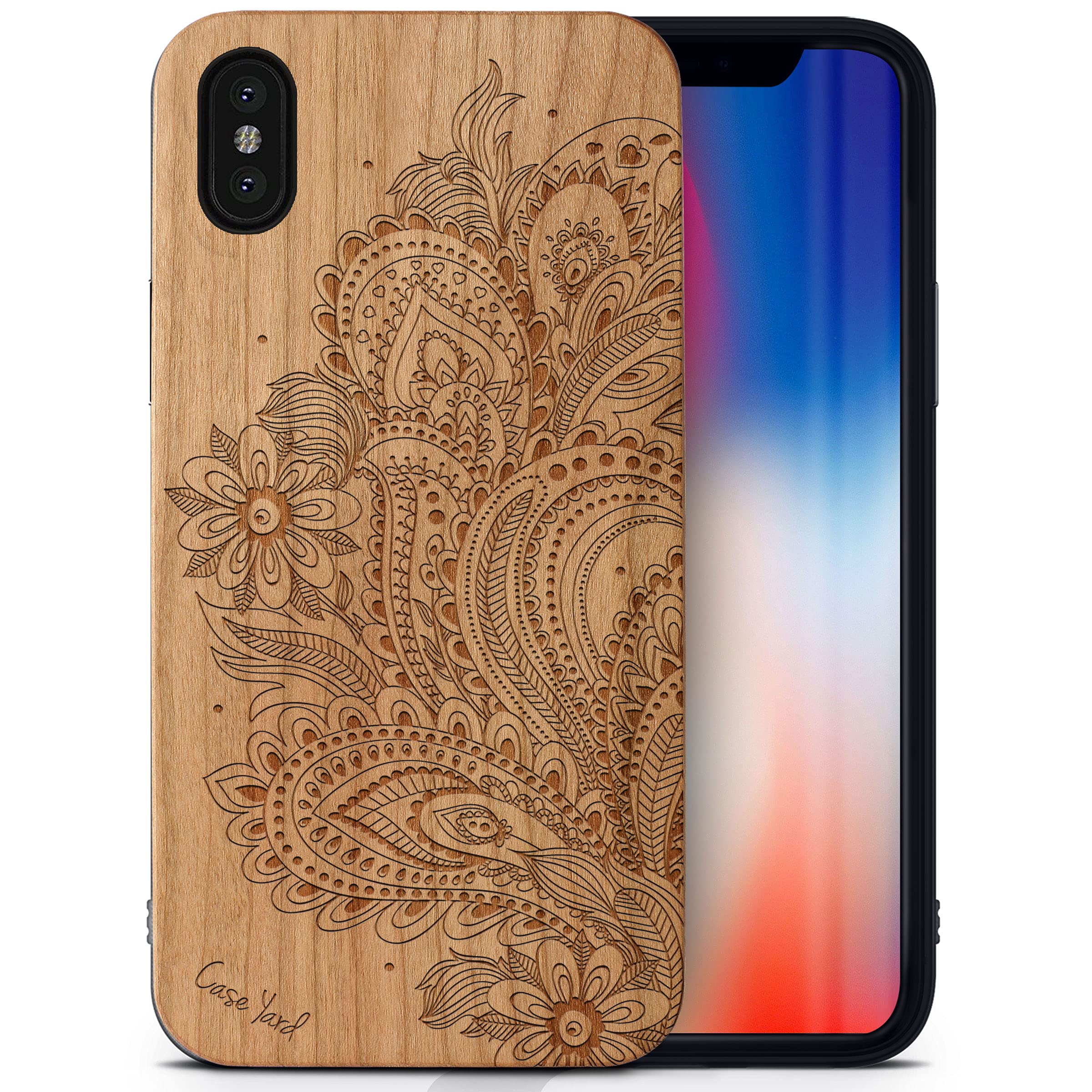 Wooden iPhone X Case - Laser Engraved Floral Paisley Design Cherry Wood Phone Cover | Shockproof Slim Fit Protective Case for Men & Women | Perfect for Outdoor Activities, Travel & Daily Use