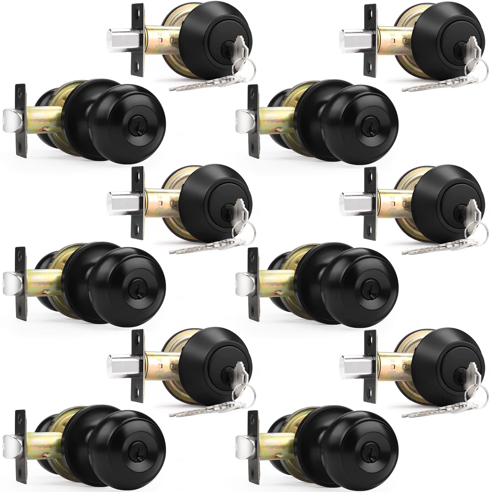 Probrico 6-Pack Round Ball Front Door Knob & Double Cylinder Deadbolt Combo Set - Flat Black, Keyed Alike - Perfect for Home Security, Apartments, and Office Doors