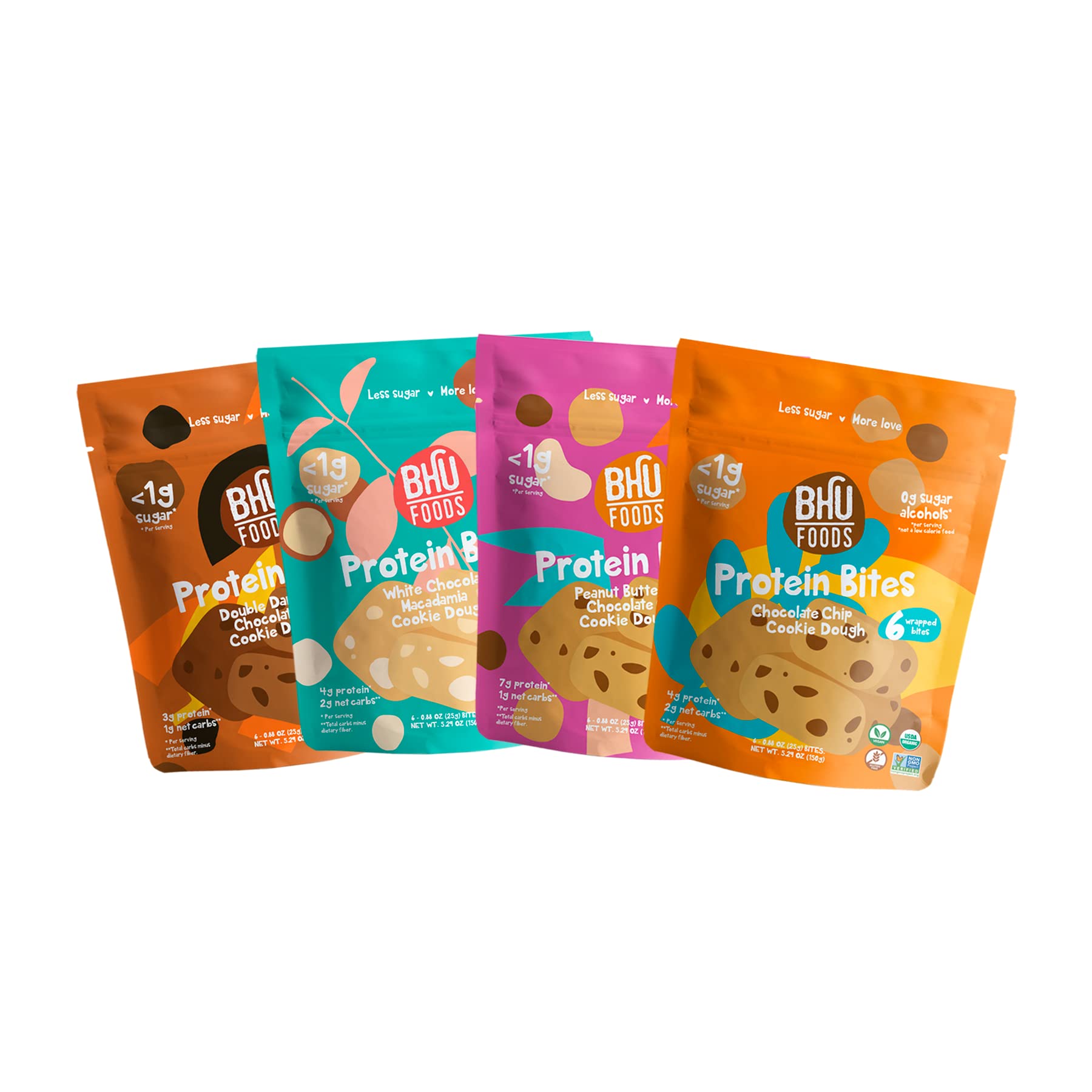 Bhu Foods Keto Bites - Organic Low Carb Cookie Dough Snacks Variety Pack (Chocolate Chip, Dark Chocolate, Macadamia & Peanut Butter) - Gluten Free, Sugar Free, Individually Wrapped Keto Snacks for Adults - Perfect for Office, Travel & Weight Loss Diet
