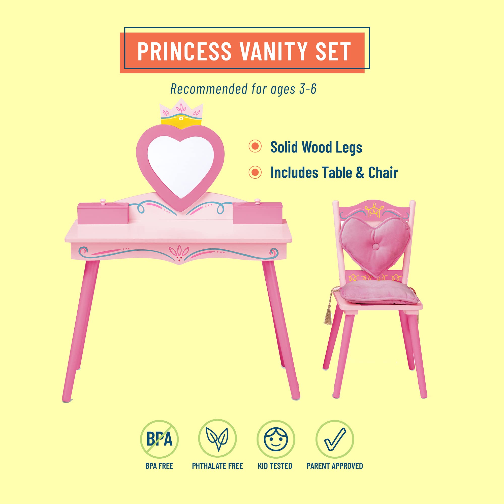 Wildkin Kids Princess Wooden Vanity and Chair Set for Girls - Pink Vanity with Mirror, Jewelry Box & Music Box, Includes Matching Chair with Removable Cushion | Perfect for Bedroom Decor, Birthday Gifts & Pretend Play