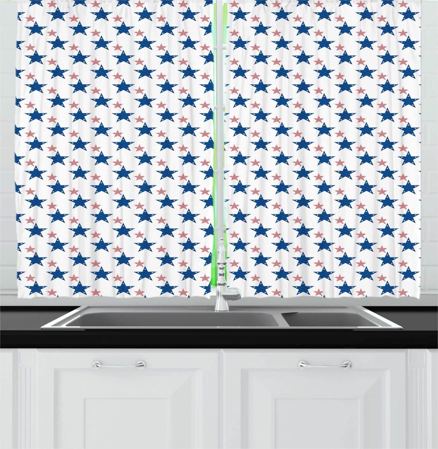 Ambesonne Independence Day Long Kitchen Curtains - American Patriotic Striped Stars Design - 2 Panel Rod Pocket Drapes for Kitchen & Dining Room - 55 x 45 Inches - White Cobalt Blue Dark Pink - Perfect for 4th of July Decor & Patriotic Home Styling