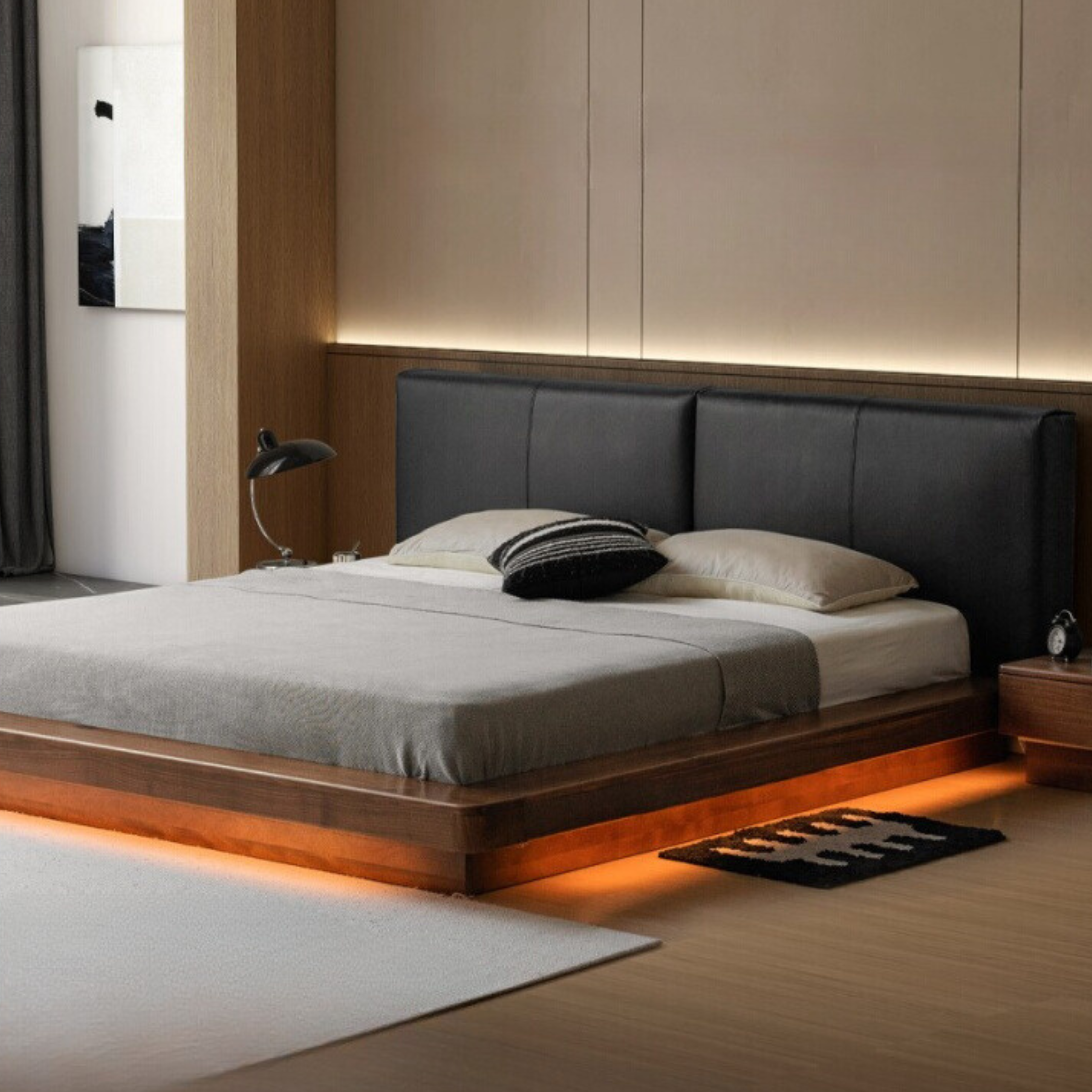 Premium Black Walnut Solid Wood Leather Upholstered Floating Bed Frame - Modern Platform Bed for Bedroom, Guest Room, or Master Suite