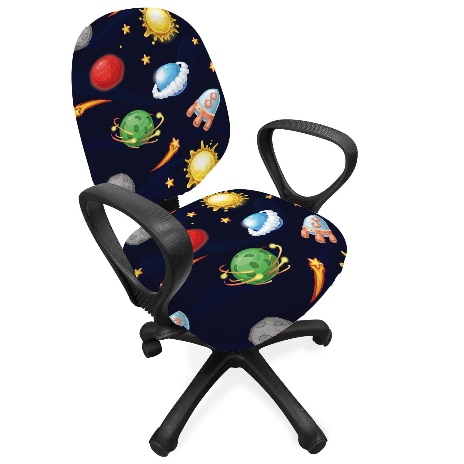 Ambesonne Space Themed Office Chair Slipcover - Cartoon Cosmos Design with Sun, Stars, Planets & Rocket - Stretchable Fabric Protector - Multicolor - Perfect for Home Office, Gaming Room & Kids' Space Decor