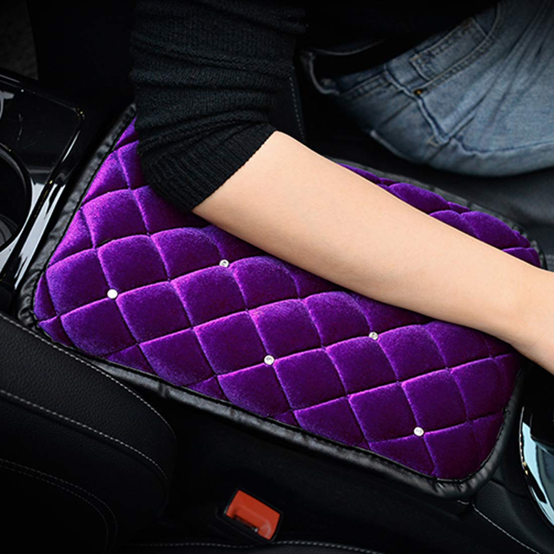 3-Pack Soft Plush Car Armrest Cover Protector - Universal Fit Bling Bling Auto Center Console Pad with Bonus Coasters (Purple) for Luxury Car Interior Protection & Comfort - Perfect for Road Trips, Daily Commute & Long Drives