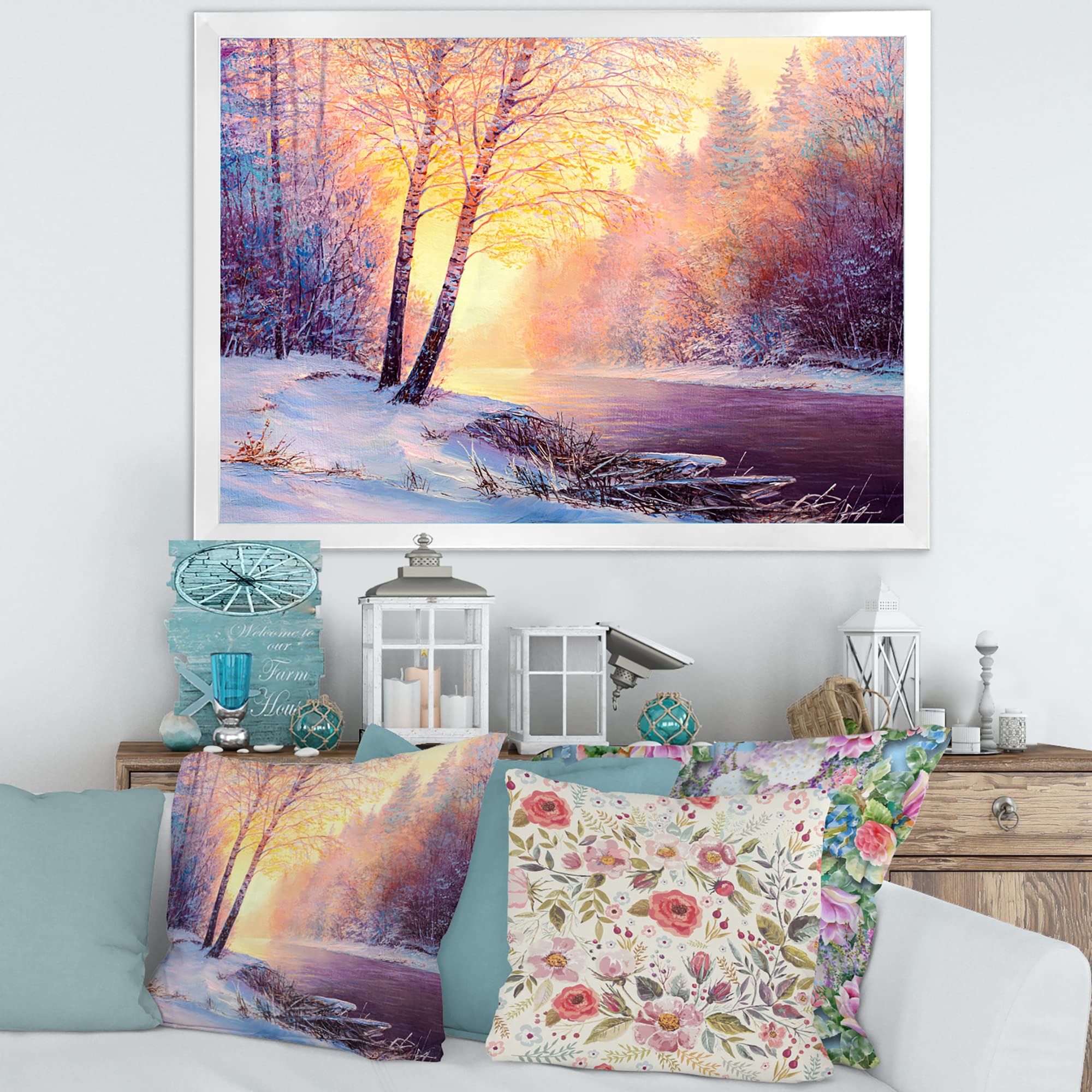 DesignQ Winter Scenery With Bridge of Meandering River II Lake House Framed Wall Art - Landscape Painting for Living Room, Bedroom & Office Decor
