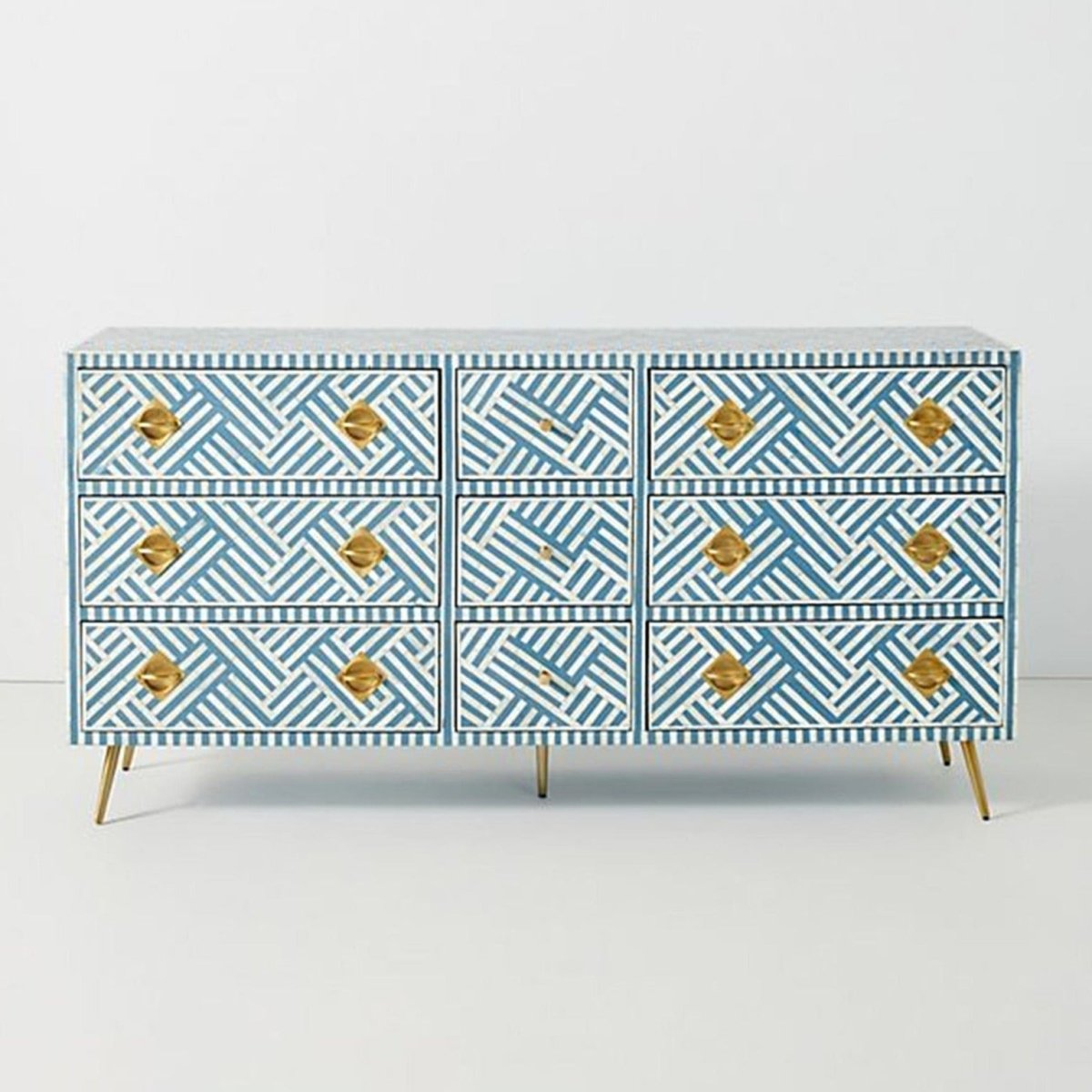 Handmade Bone Inlay 9-Drawer Dresser - Sky Blue & White Vintage Style Chest for Bedroom Storage & Organization | Perfect for Master Bedroom, Guest Room & Home Decor