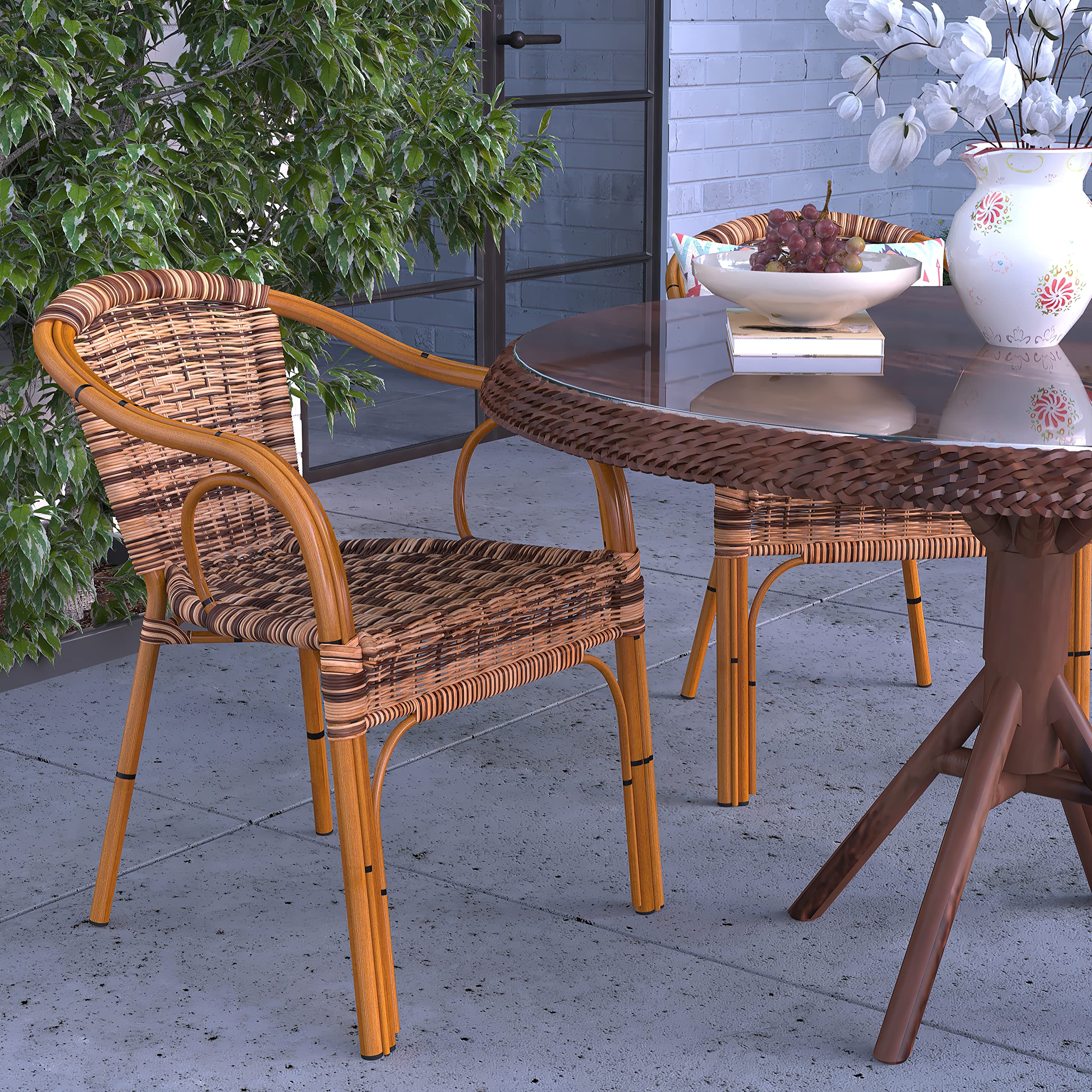 Merrick Lane Esna Series Stacking Patio Chair - Woven Rattan Back & Seat in Burning Brown - Dark Red Bamboo-Look Aluminum Frame - Cross Braced Design for Outdoor Dining, Poolside Lounging & Garden Relaxation