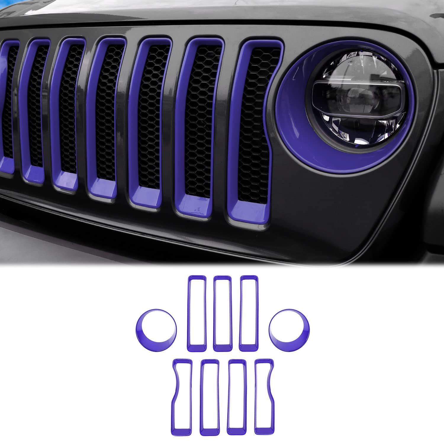 CheroCar Purple Mesh Grille Grill Insert & Headlight Turn Signal Cover Trim for Jeep Wrangler JL (2018-2022) - Durable Exterior Accessories for Off-Road & Urban Driving