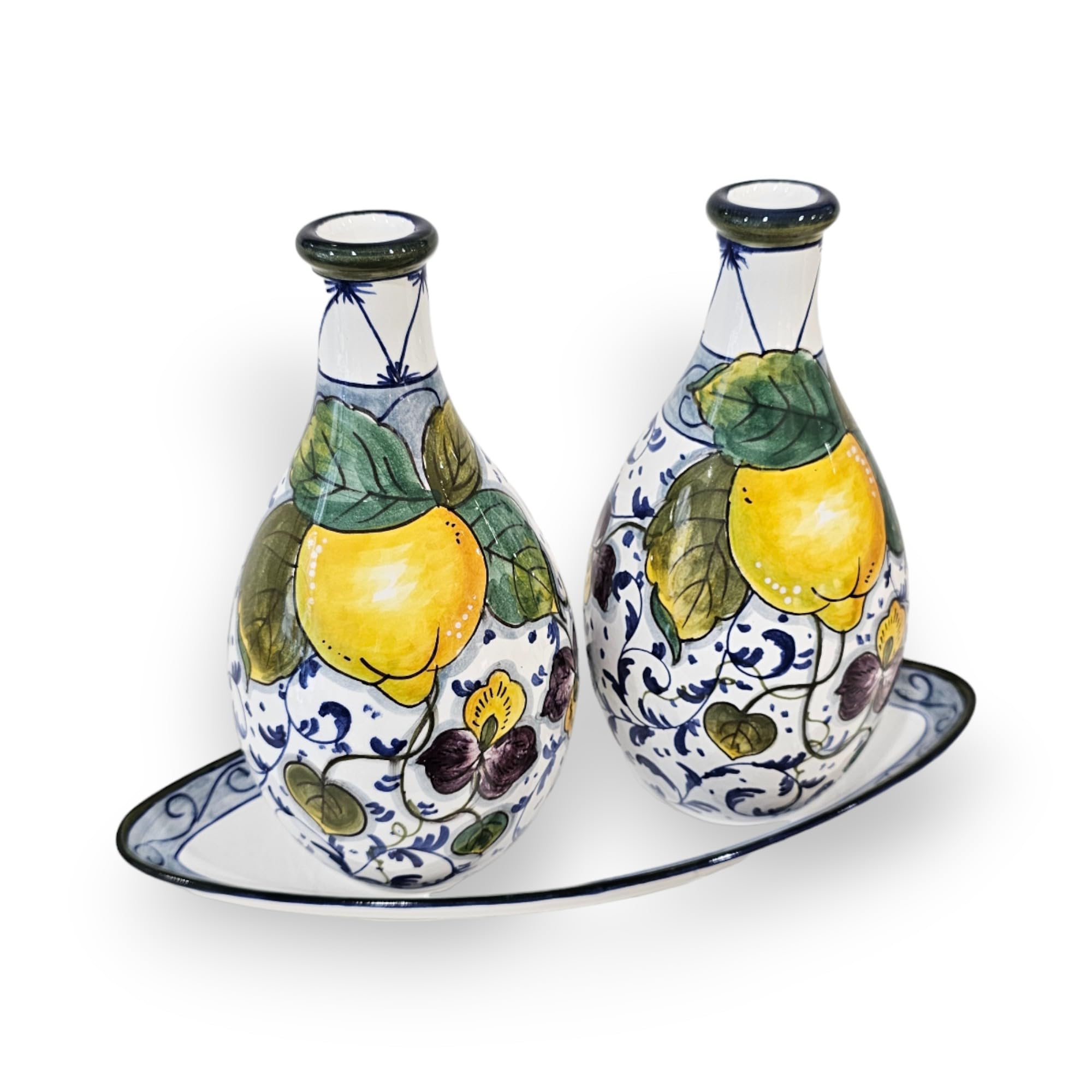 Italian Ceramic Oil and Vinegar Dispenser Set - Hand-Painted Lemon Design - 7 oz Kitchen Oil & Vinegar Bottles - Made in Tuscany, Italy - Home Decor & Italian Pottery for Dining Table, Kitchen Counter, or Gift