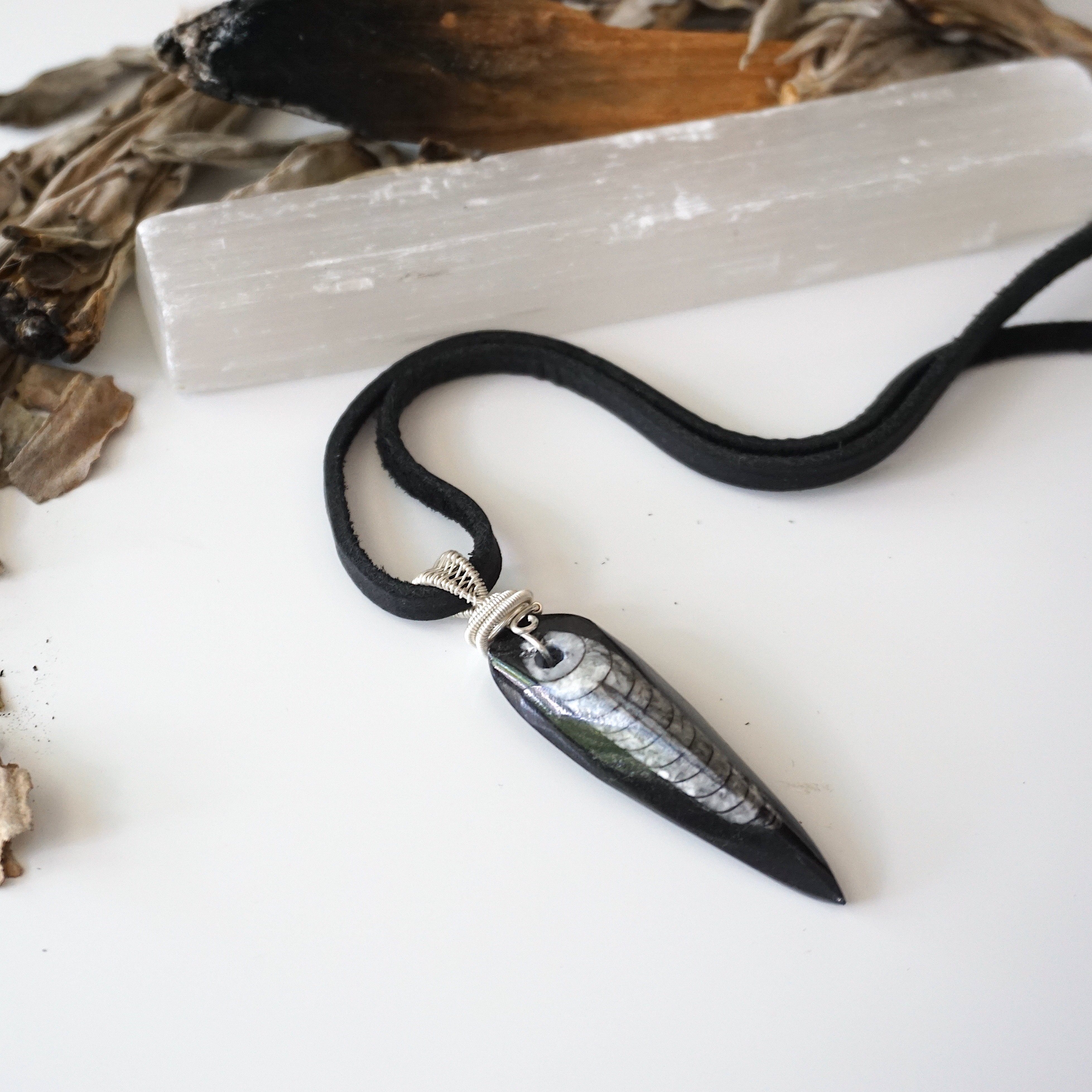 Black Fossil Arrowhead Necklace - Sterling Silver Wire Wrap Pendant Jewelry for Men & Women | Perfect for Outdoor Adventures, Nature Lovers & Unique Gift Giving