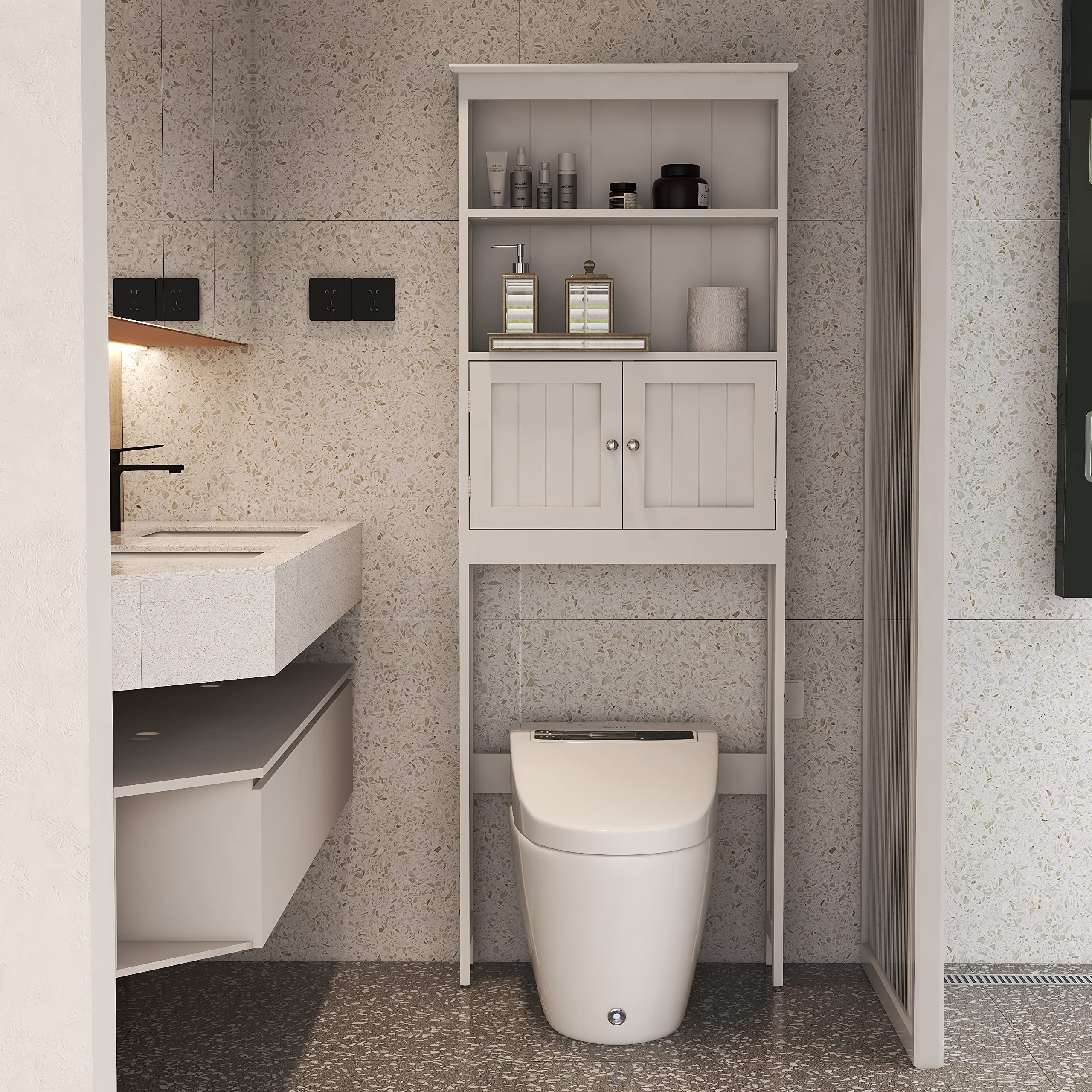 2-Tier Over The Toilet Storage Cabinet - White Wooden Bathroom Organizer with 2 Doors, Freestanding Space-Saving Shelf for Towels & Toiletries - Perfect for Small Bathrooms & Apartment Living
