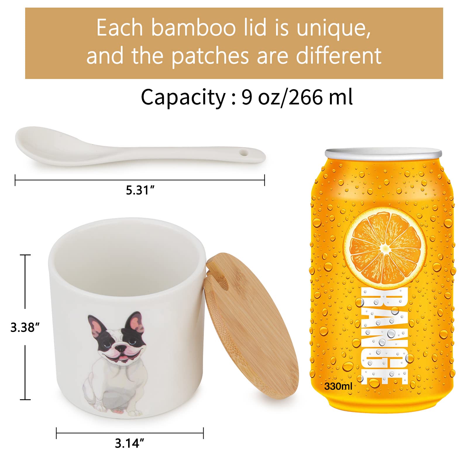 Ceramic Sugar Bowl with Wooden Lid & Stainless Steel Spoon - 9oz/266ml Dog Pattern Porcelain Sugar Container - Perfect for Coffee, Tea, Baking & Home Decor - Ideal Gift for Dog Lovers & Pet Owners