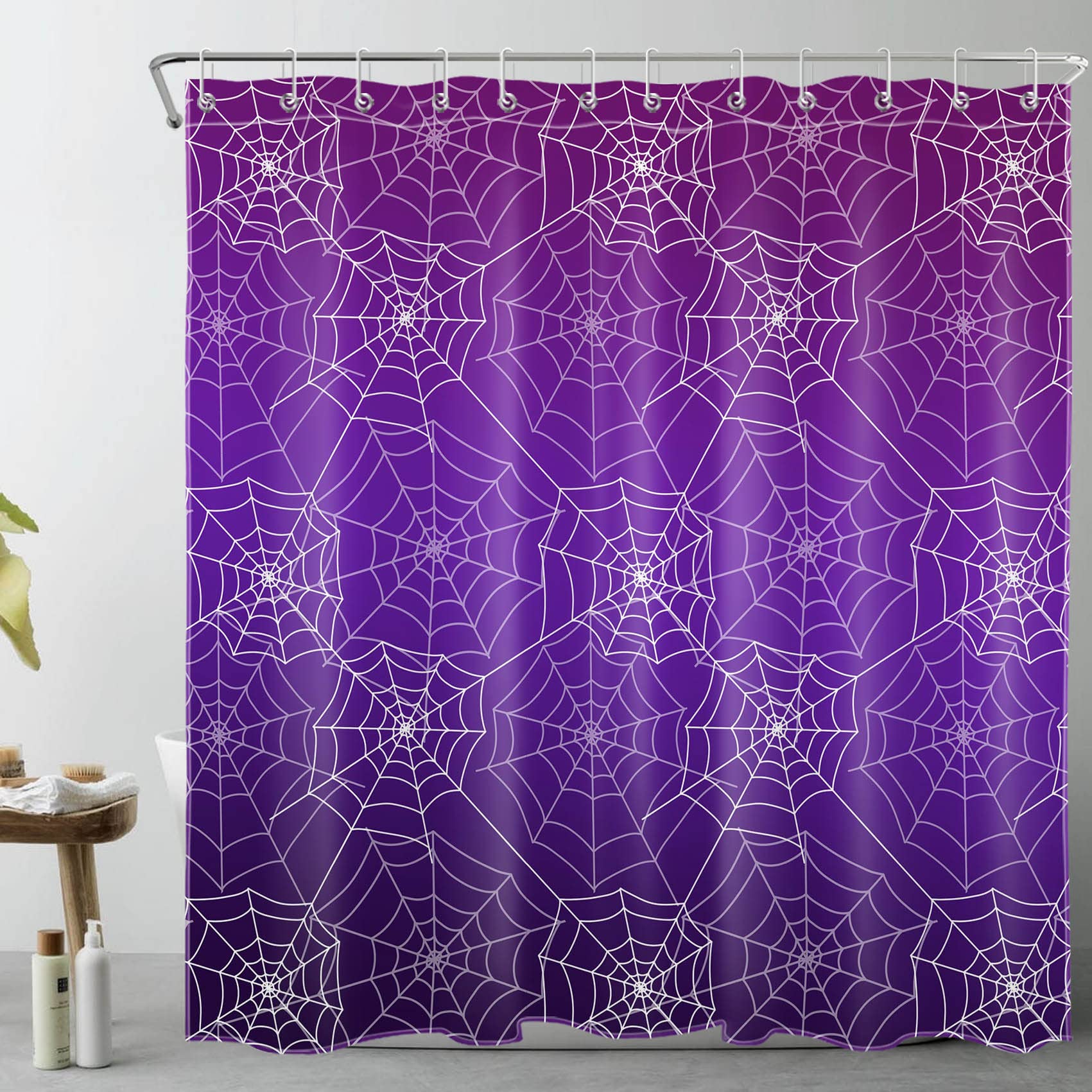 Spooky Halloween Shower Curtain with Spider Web Design - Purple Horror Bathroom Decor Set Includes 12 Hooks, 72x72 Inch Polyester Fabric - Perfect for Halloween Party Decorations, Haunted House Themes & Spooky Bathroom Makeovers