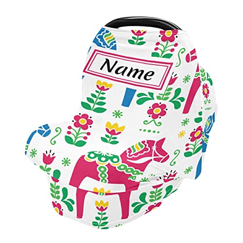 Custom Swedish Folk Art Dala Horse Baby Car Seat Cover - Personalized Name Nursing Cover & Breastfeeding Scarf - Infant Car Seat Canopy for Mom - Perfect Baby Shower Gift for New Parents (Ideal for Travel, Nursing in Public & Car Seat Protection)