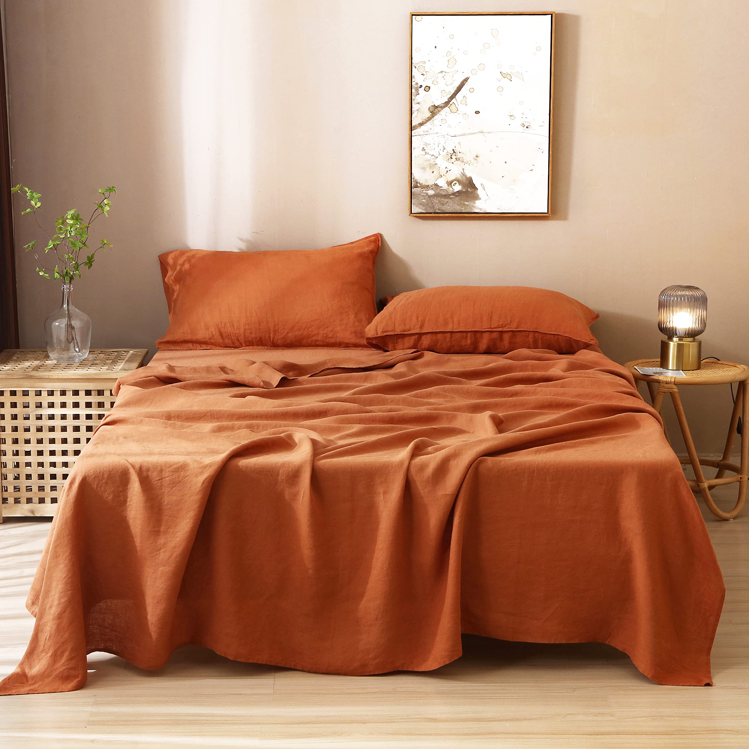 100% Organic French Linen Sheets Set - Stone Washed 4-Piece Natural Flax Bedding | Ultra Soft & Luxurious King Size (Caramel) for Master Bedroom & Guest Room | Eco-Friendly Breathable Bed Sheets for All Seasons