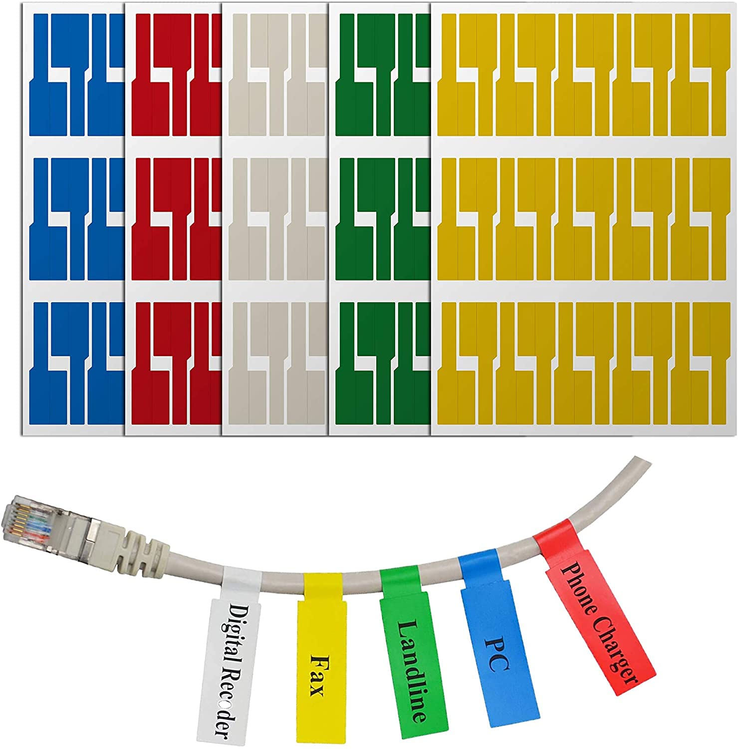 Mr-Label Self-Adhesive Cable Labels for Laser Printers - 50 Sheets (1500 Labels) Waterproof & Tear-Resistant US Letter Sheets with Free Print Tool - 5 Assorted Colors - Perfect for Office Organization, Network Cable Management & Home Electronics Labeling