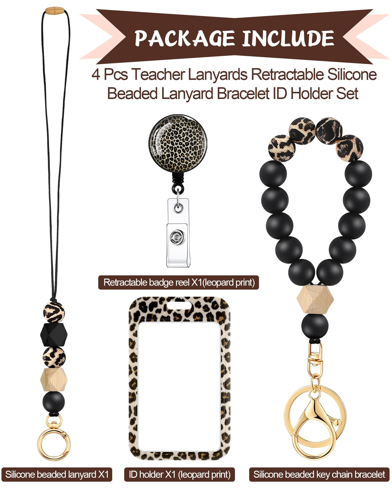 Woanger 4 Pack Leopard Print Beaded Breakaway Lanyards for ID Badges & Keys - Teacher Lanyard for Women, Office & School Supplies - Perfect for Teachers, Nurses, Conference Attendees and Workplace Security