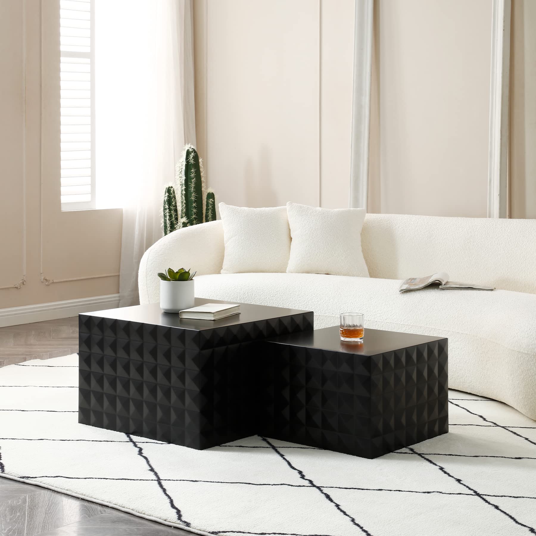 Dolonm Square Coffee Table Set of 2 - Modern Nesting Side Tables with Wood Block Design for Living Room - Matt Black Finish - Perfect for Small Spaces, Sofa Side & Coffee Table Use