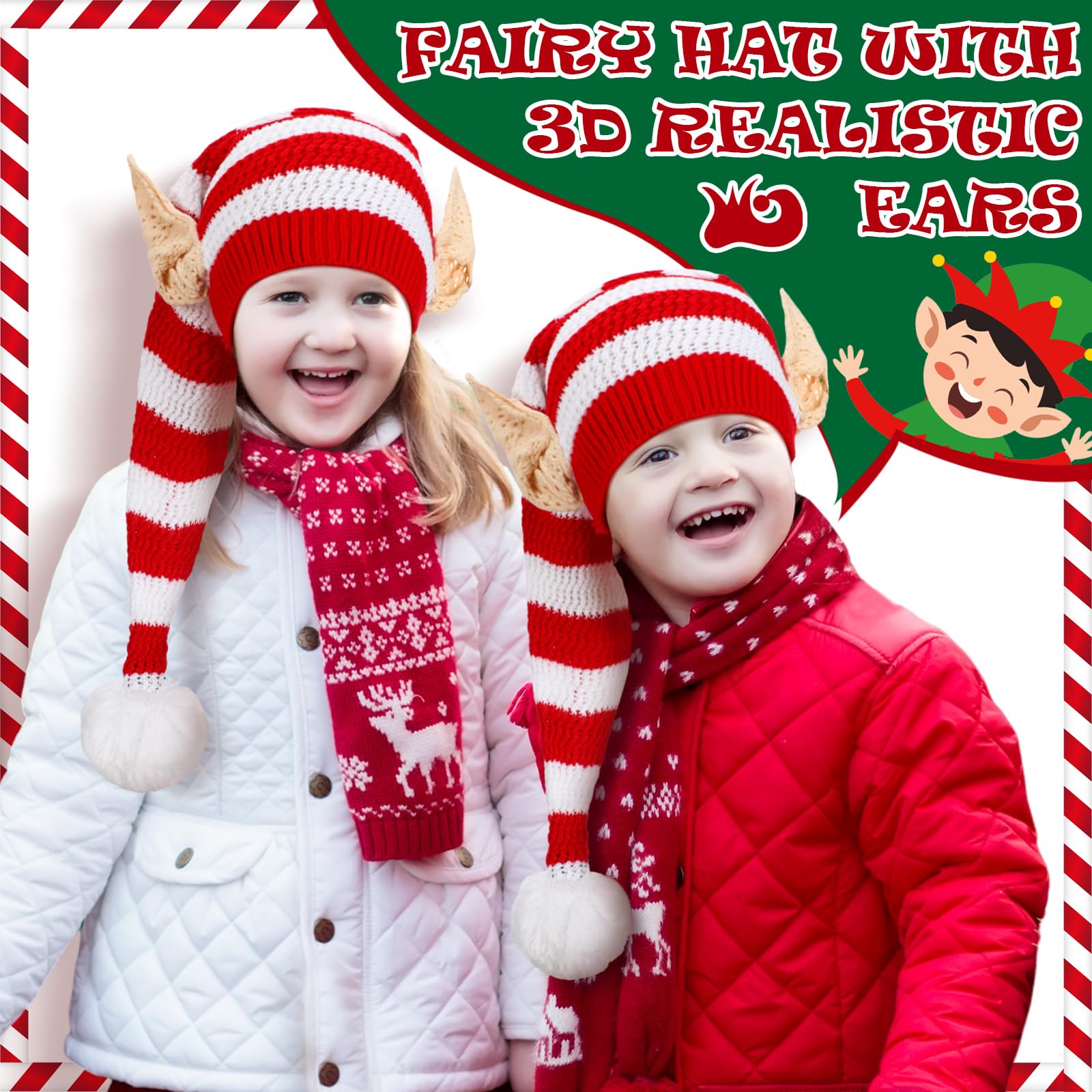 Funtery Christmas Knitted Elf Hats with Ears for Kids & Adults - Warm Crochet Long Santa Beanie Hat - Perfect for Holiday Parties, Elf Costume Accessories & Winter Festive Outfits
