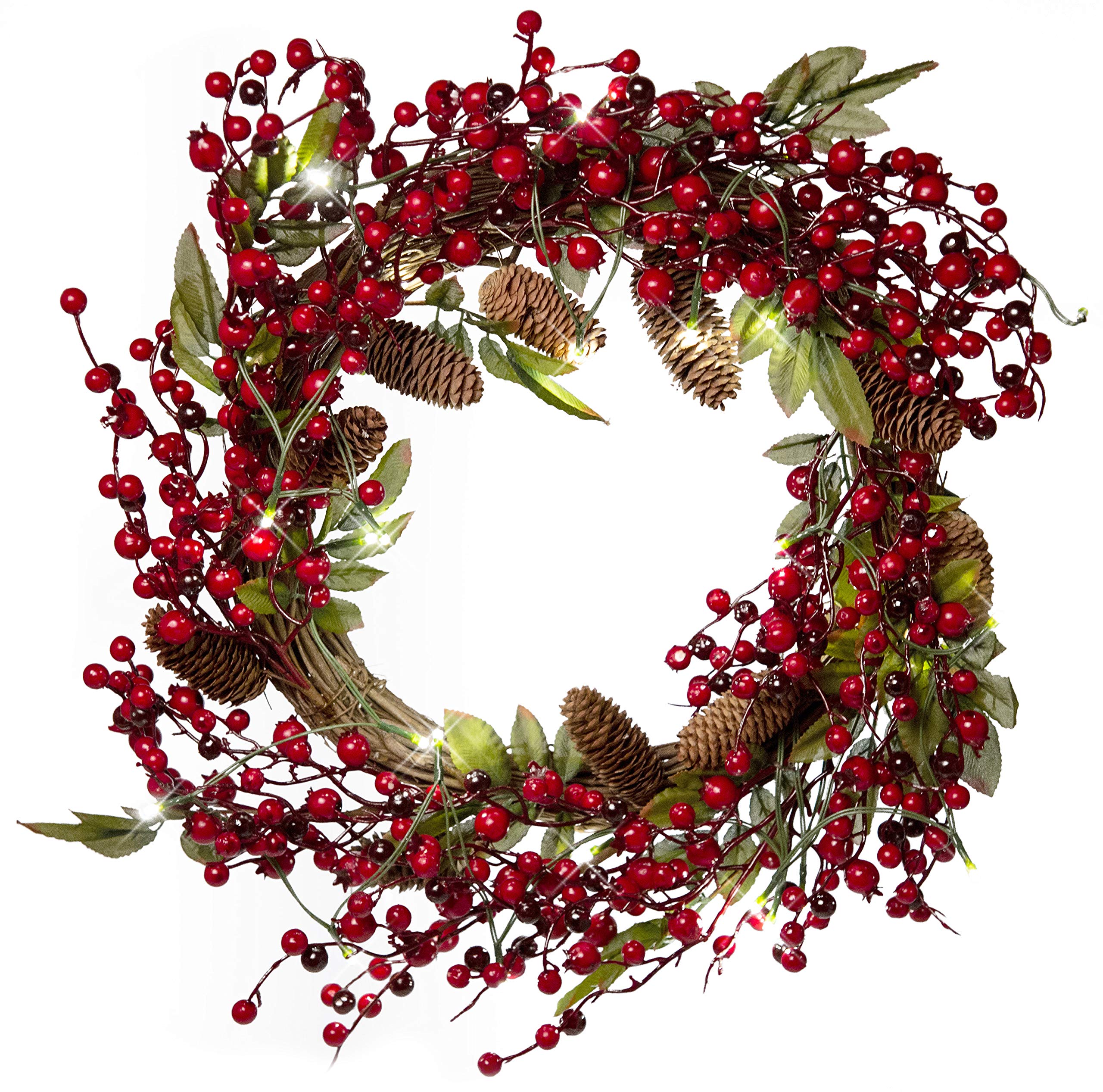 22-Inch Battery-Operated LED Christmas Wreath with Red Cranberries, Pinecones & Leaves - Light-Up Holiday Decor with Timer for Front Door, Fireplace & Indoor/Outdoor Decorations