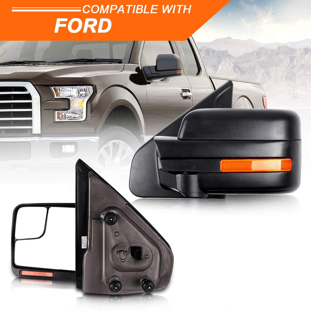 ROADFAR Power Heated Towing Mirrors for Ford F-150 (2004-2014) - Black Housing with Turn Signal & Puddle Light - Left & Right Side Compatible - Perfect for Truck Towing, Night Driving & Off-Road Adventures