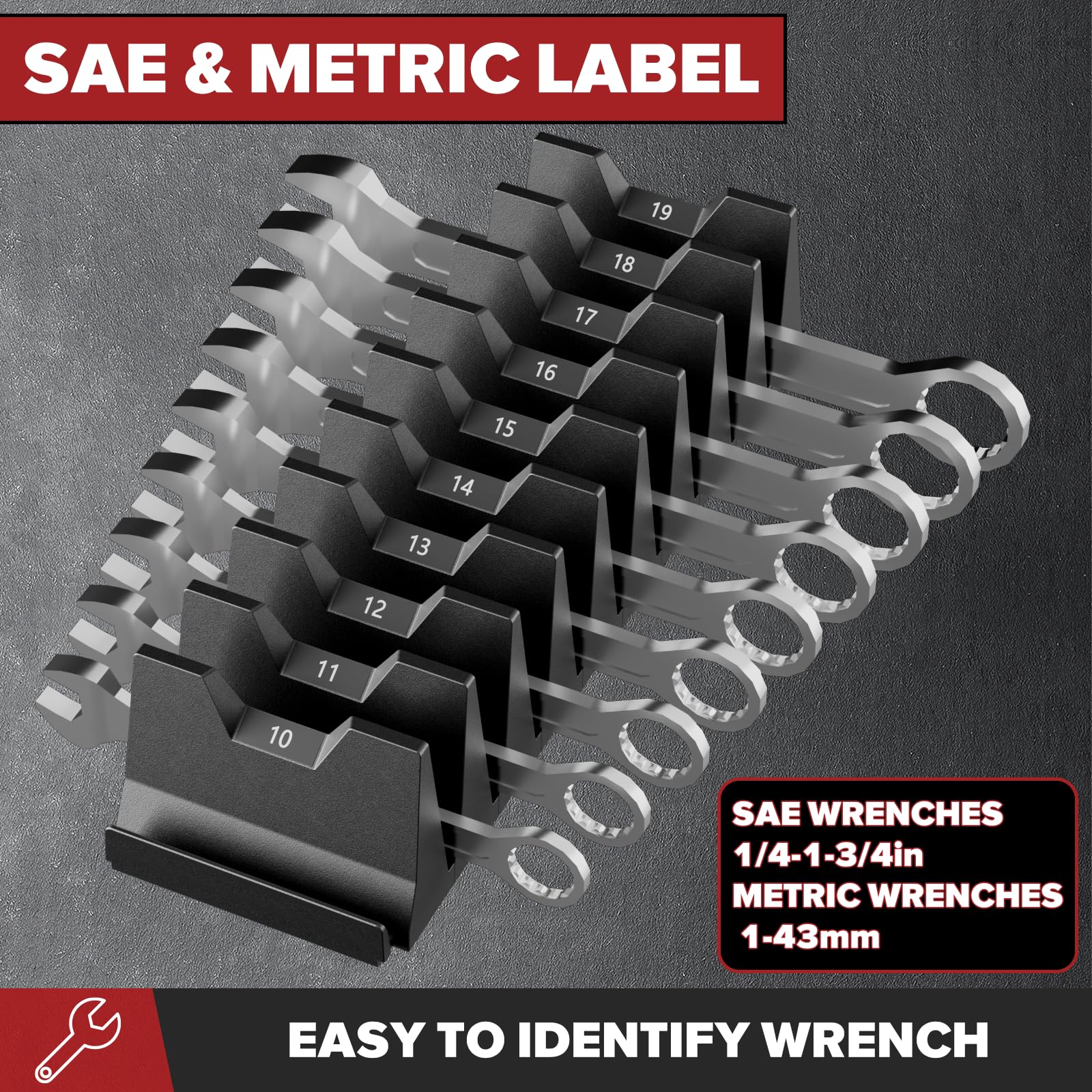 40PCS Modular Wrench Organizer Set - Heavy Duty Wrench Holder for Tool Drawer Storage with Metric & SAE Labels | Professional Wrench Rack for Mechanics | Perfect Workshop & Garage Organization Tool (Black)
