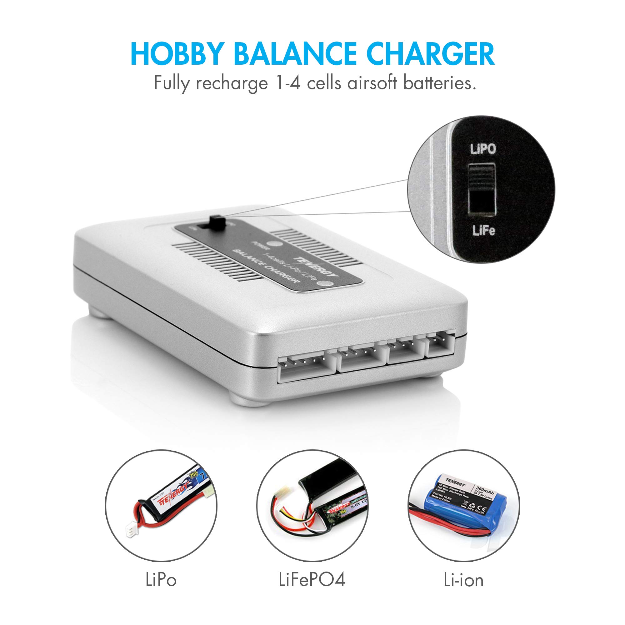 Tenergy TN267 1-4S LiPo/LiFe Balance Charger for Airsoft & RC Car Batteries - 1S to 4S XH Balance Port - Perfect for Drone, RC Helicopter & Toy Vehicle Battery Maintenance