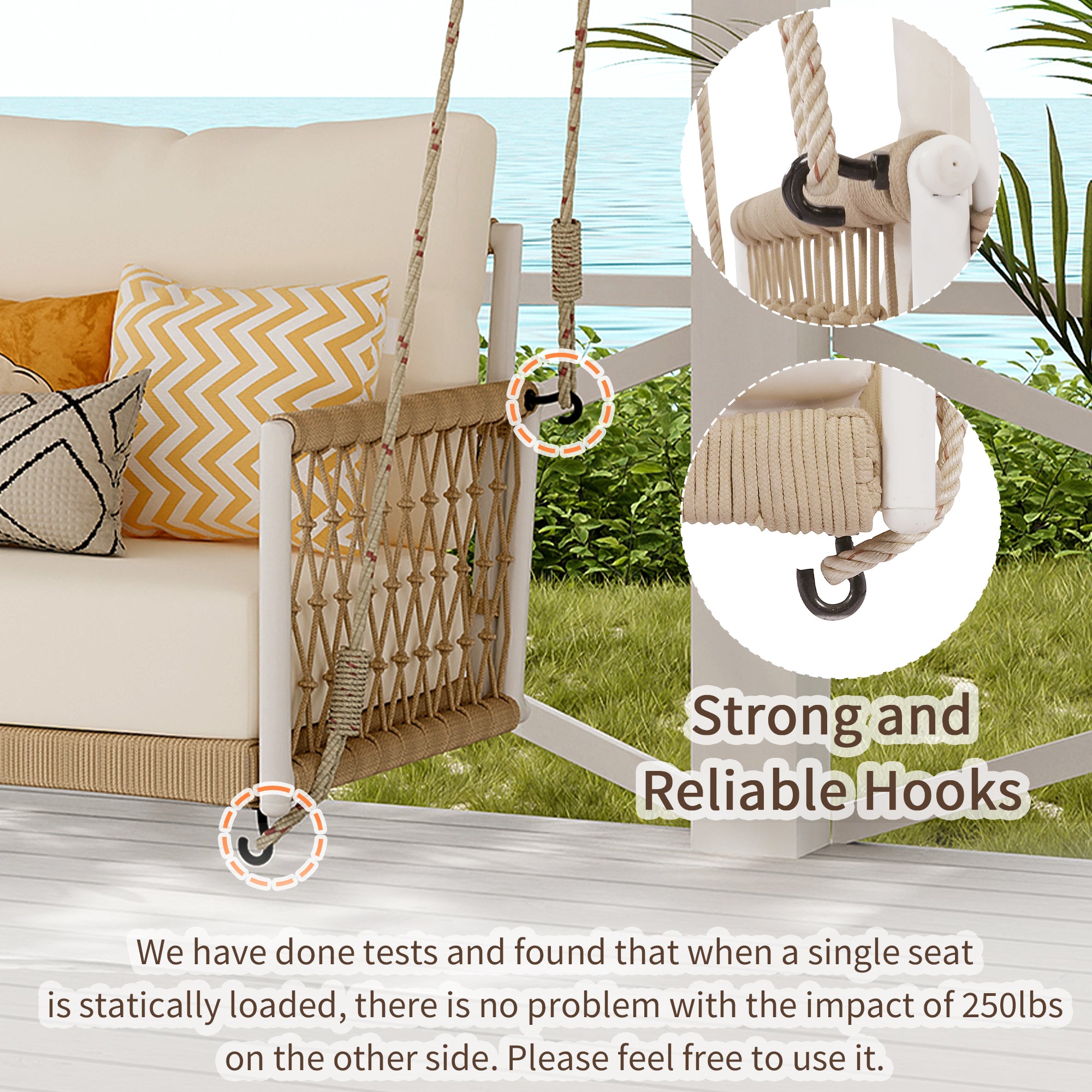 1 Piece Woven Rope Outdoor Swing Sofa with Soft Cushions - Seats 2 People - Perfect for Patio, Garden, Backyard, Balcony & Porch - Weather-Resistant Beige Hanging Chair for Relaxation & Leisure Time