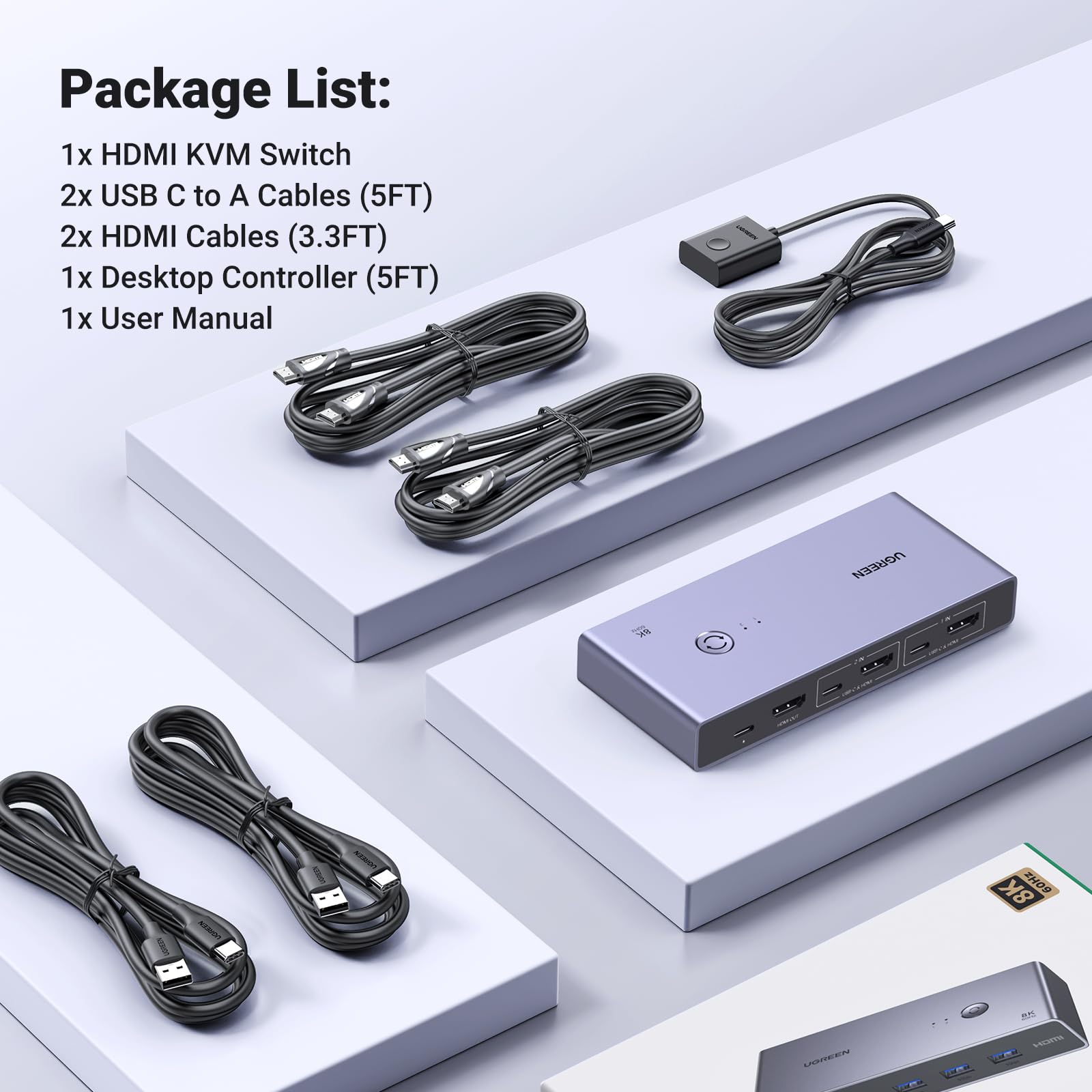 UGREEN 8K HDMI KVM Switch with 4 USB 3.0 Ports (3 USB-A + 1 USB-C) - 2 Computer Sharing for 1 Monitor, Keyboard, Mouse, Hard Drives & Printer - Includes 2 HDMI Cables, 2 USB Cables & Remote Controller - Perfect for Home Office, Gaming Setup & Multi-Device Workspaces