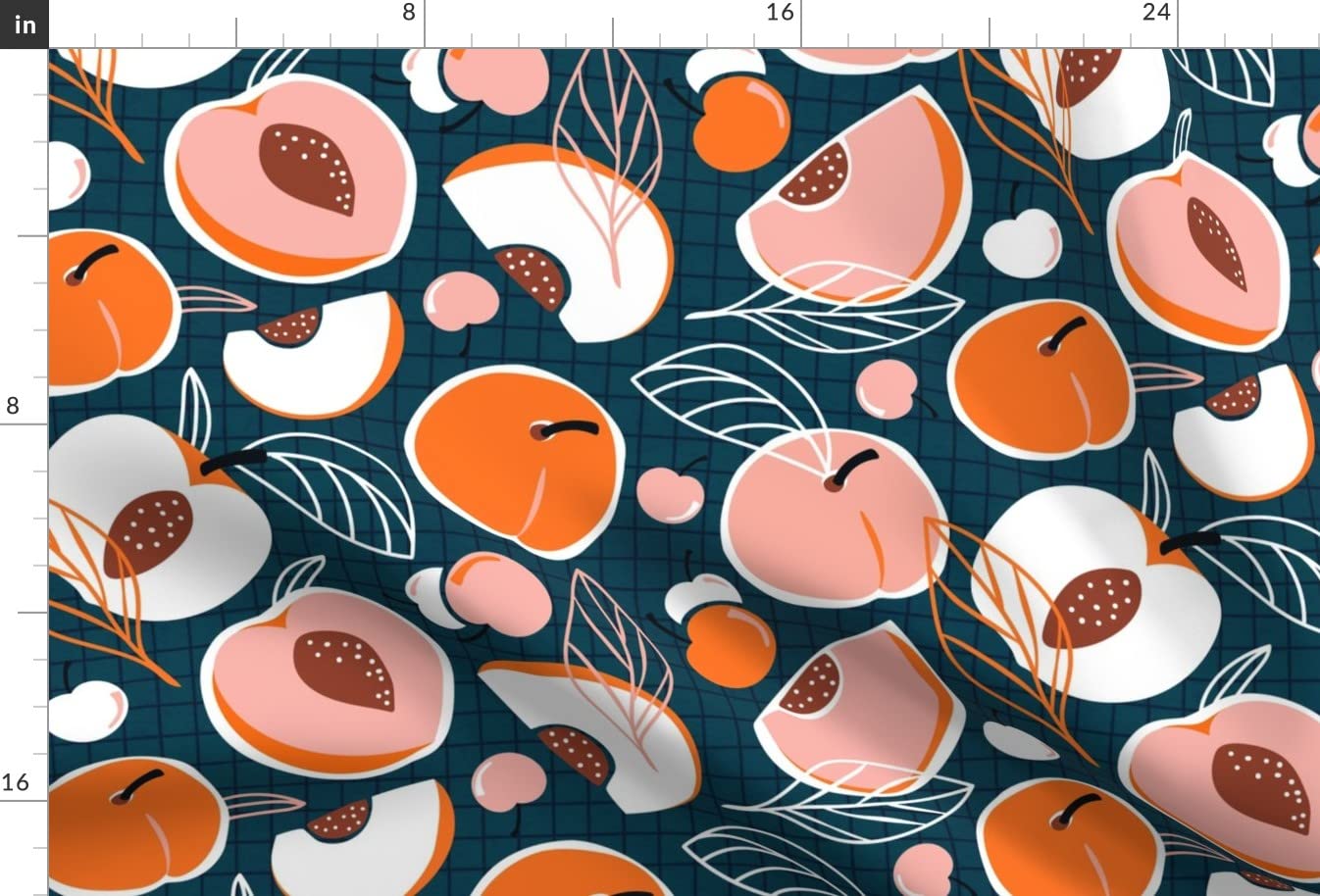 Peach Stone Fruit Dark Teal Pink Orange Summer Picnic Food Print Satin Fabric by The Yard - Premium Sewing Material for Apparel, Fashion Blankets & Home Decor (Perfect for Summer Dresses, Picnic Blankets & DIY Projects)
