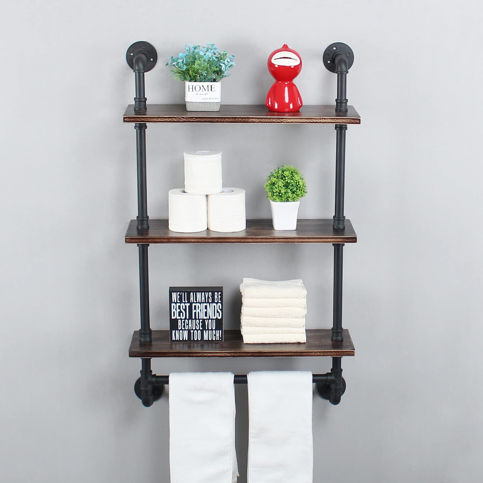 Industrial Pipe Shelving - 24in Rustic Metal Pipe Floating Shelves with Towel Bar | 3-Tier Wall Mounted Iron Pipe Shelves for Bathroom & Living Room | Retro Black Industrial Shelf for Storage & Home Decor