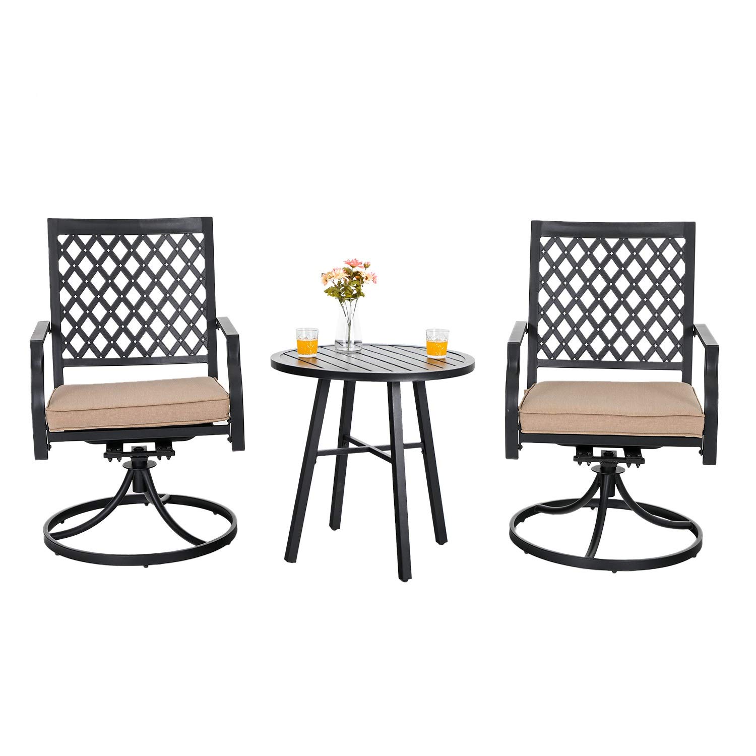 MFSTUDIO 3-Piece Outdoor Bistro Set - 2 Swivel Chairs with Cushions & 1 Round Wrought Iron Table - Patio Dining Furniture for Garden, Yard, or Balcony - Perfect for Morning Coffee, Outdoor Entertaining, and Relaxing in Black