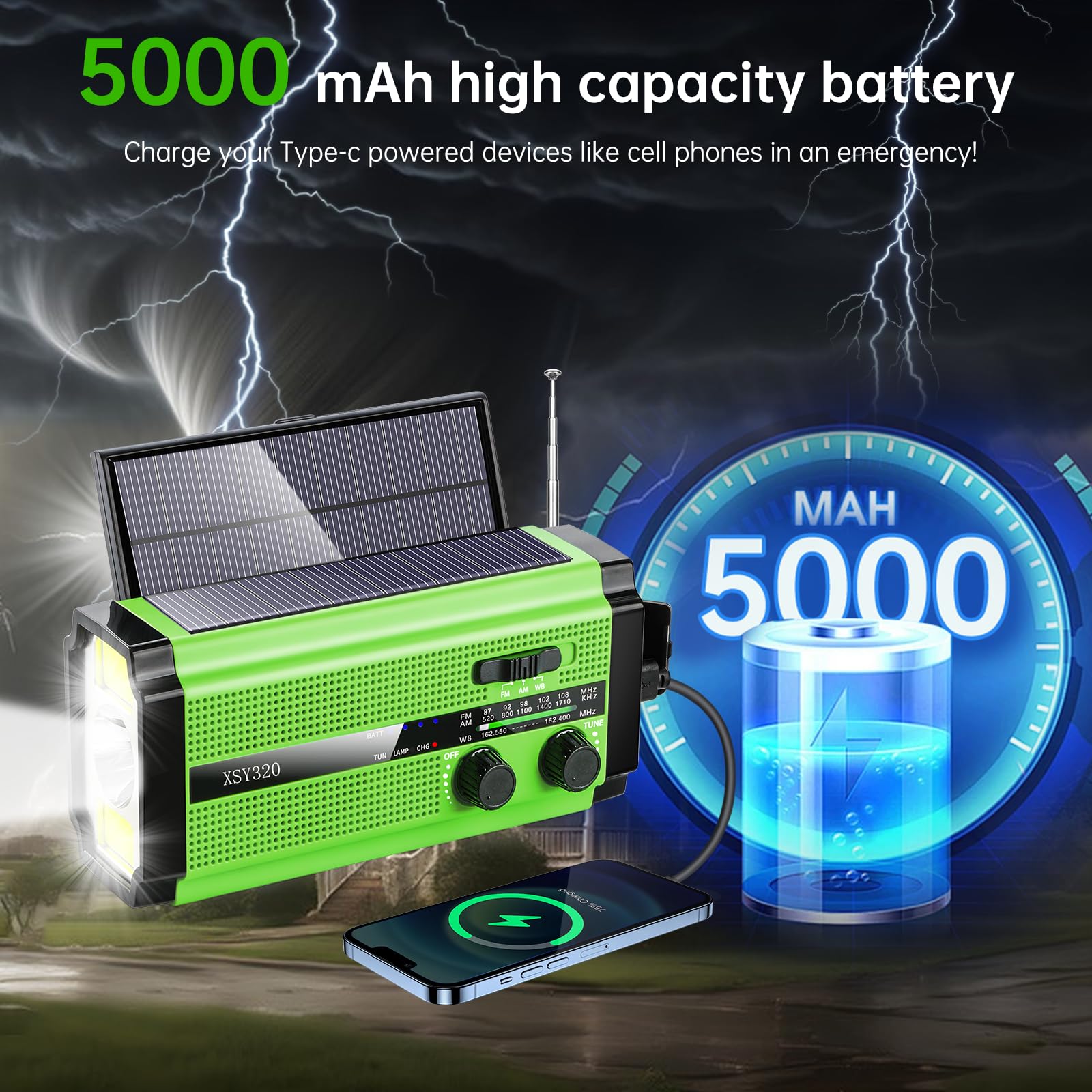 Emergency Survival Radio - Solar, Hand Crank & 5000mAh Battery Powered AM/FM/NOAA Weather Radio with USB-C Charger, AAA Backup, 3-Mode Flashlight & Reading Lamp, SOS Alert & Phone Power Bank - Perfect for Camping, Hiking, Storms and Power Outages