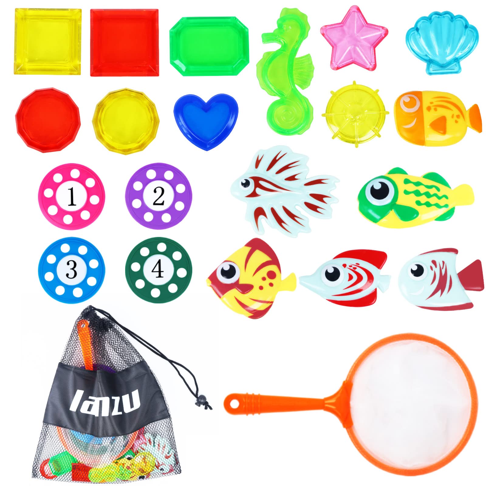 Lamzu 21 PCS Bath Toys for Kids - Diving Toys Set with Storage Bag, Fishing Net, Cartoon Fish, Gems & Shells - Summer Birthday Gifts & Underwater Training Pool Toys for Toddlers - Perfect for Bathtime Fun & Swimming Pool Games