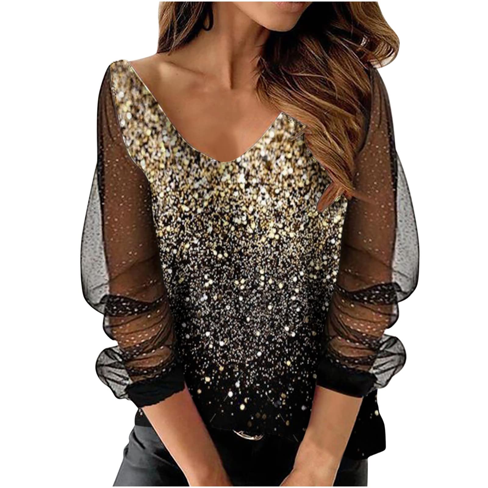 Women's Long Sleeve Mesh Tops - Sexy Lace V-Neck Blouse for Summer | Stylish Casual Shirts for Date Night & Office Wear