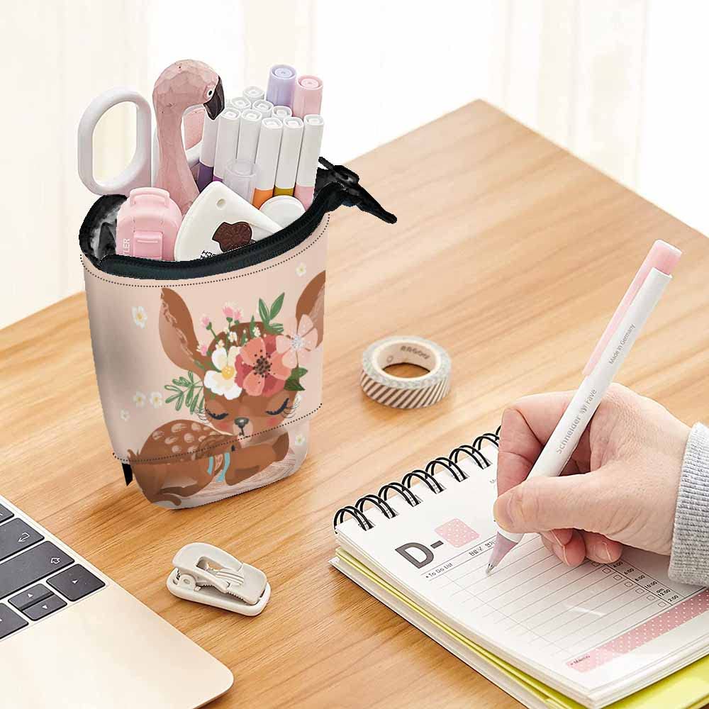 Swono Deer Mother & Kids Pencil Pouch - Cute Retro Fawn Stand Up Pencil Case Organizer, Pencil Holder & Makeup Bag Gift (Beige) - Perfect for School, Office & Travel Organization