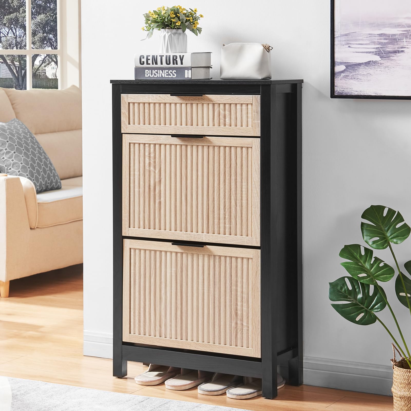 2-Tier Flip Drawer Shoe Storage Cabinet - Narrow Entryway Shoe Organizer for Front Door, Free Standing Hidden Wooden Hallway Shoe Rack (Oak & Black) - Perfect for Small Spaces, Apartments & Closet Organization