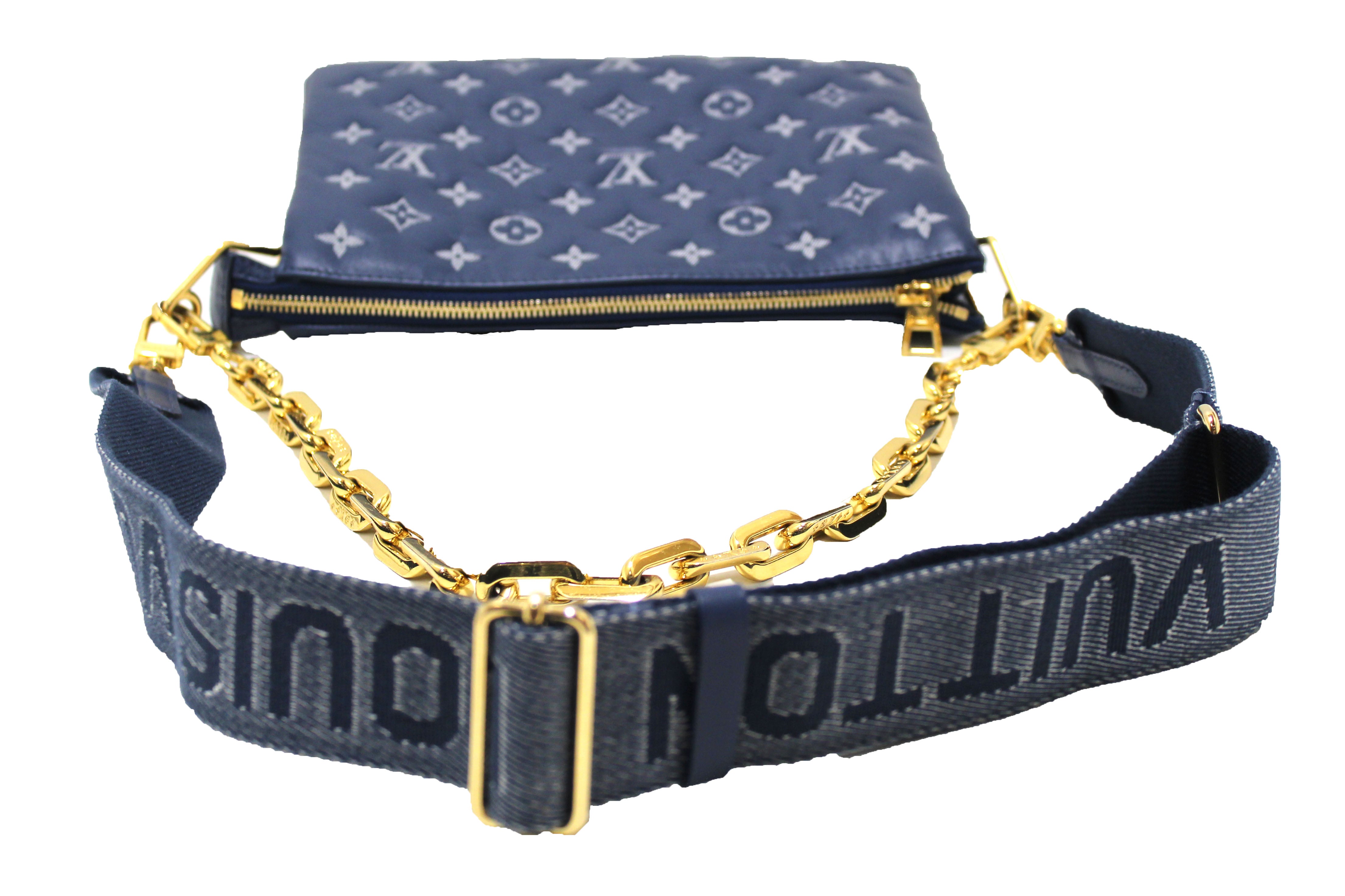 Authentic Louis Vuitton Denim Blue Lambskin Embossed Monogram Coussin PM Handbag - Luxury Designer Crossbody Purse for Women, Perfect for Date Night & Special Occasions
