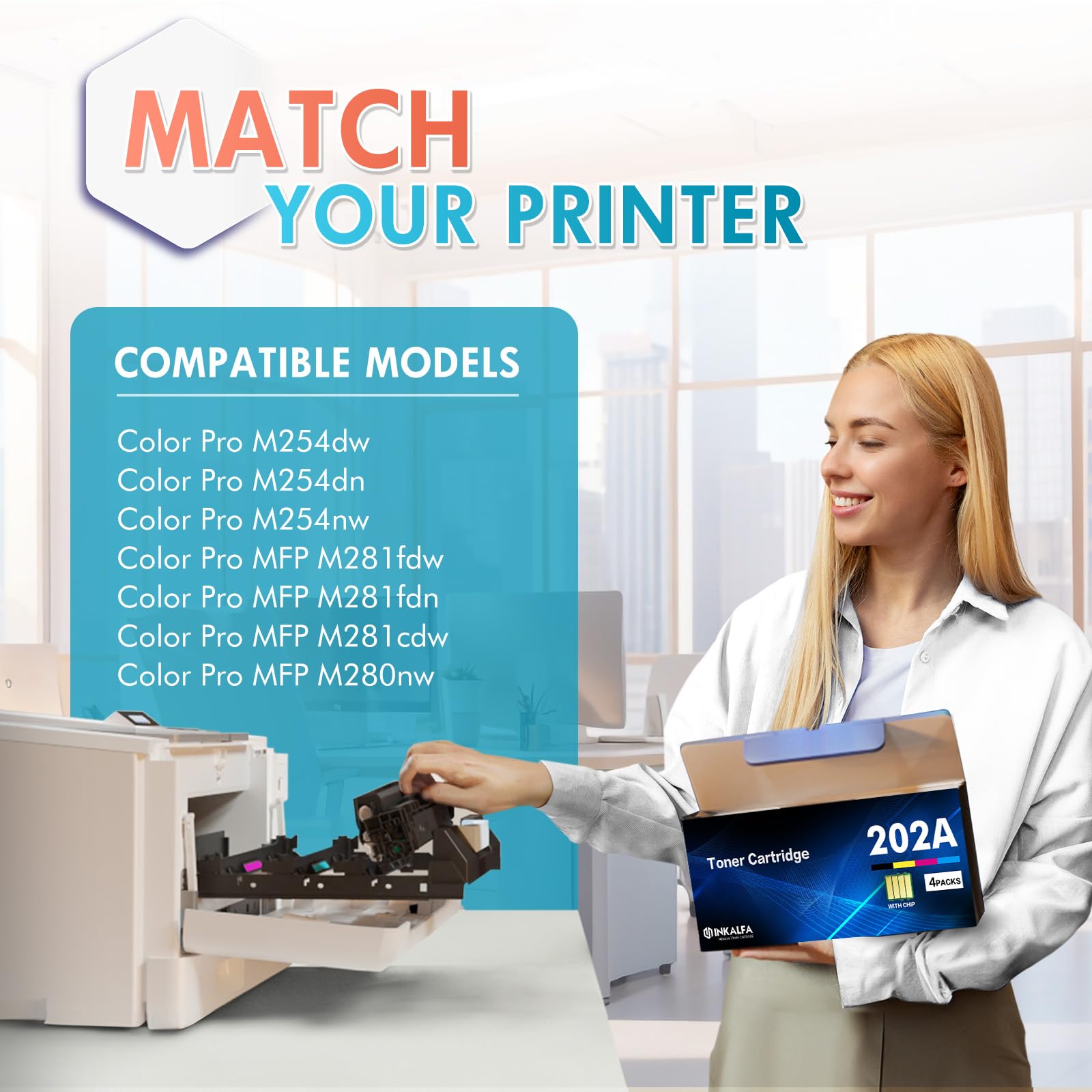 4-Pack 202A Toner Cartridge Replacement for HP 202A/CF500A/CF501A/CF502A/CF503A - Compatible with HP Color Pro MFP M281fdw/M281cdw/M254dw/M281fdn/M254/M281 Series Printers (Black, Cyan, Yellow, Magenta) - High-Quality Ink for Home & Office Printing