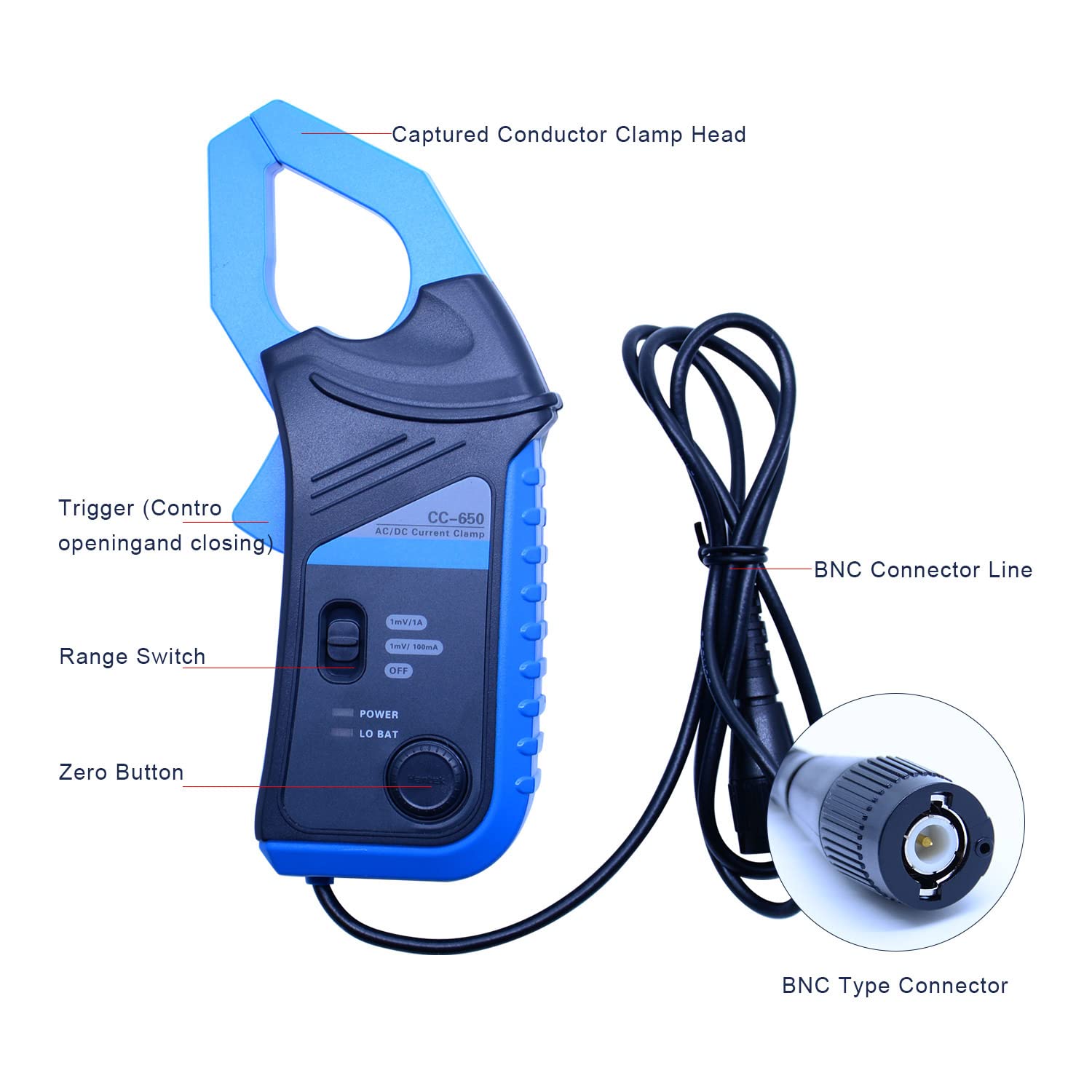 AC/DC Current Clamp Meter for Oscilloscope - 40KHz Bandwidth, 1mV/10mA Sensitivity, 650A Capacity with BNC Plug (CC-650) - Perfect for Electrical Testing, Automotive Diagnostics & Industrial Maintenance