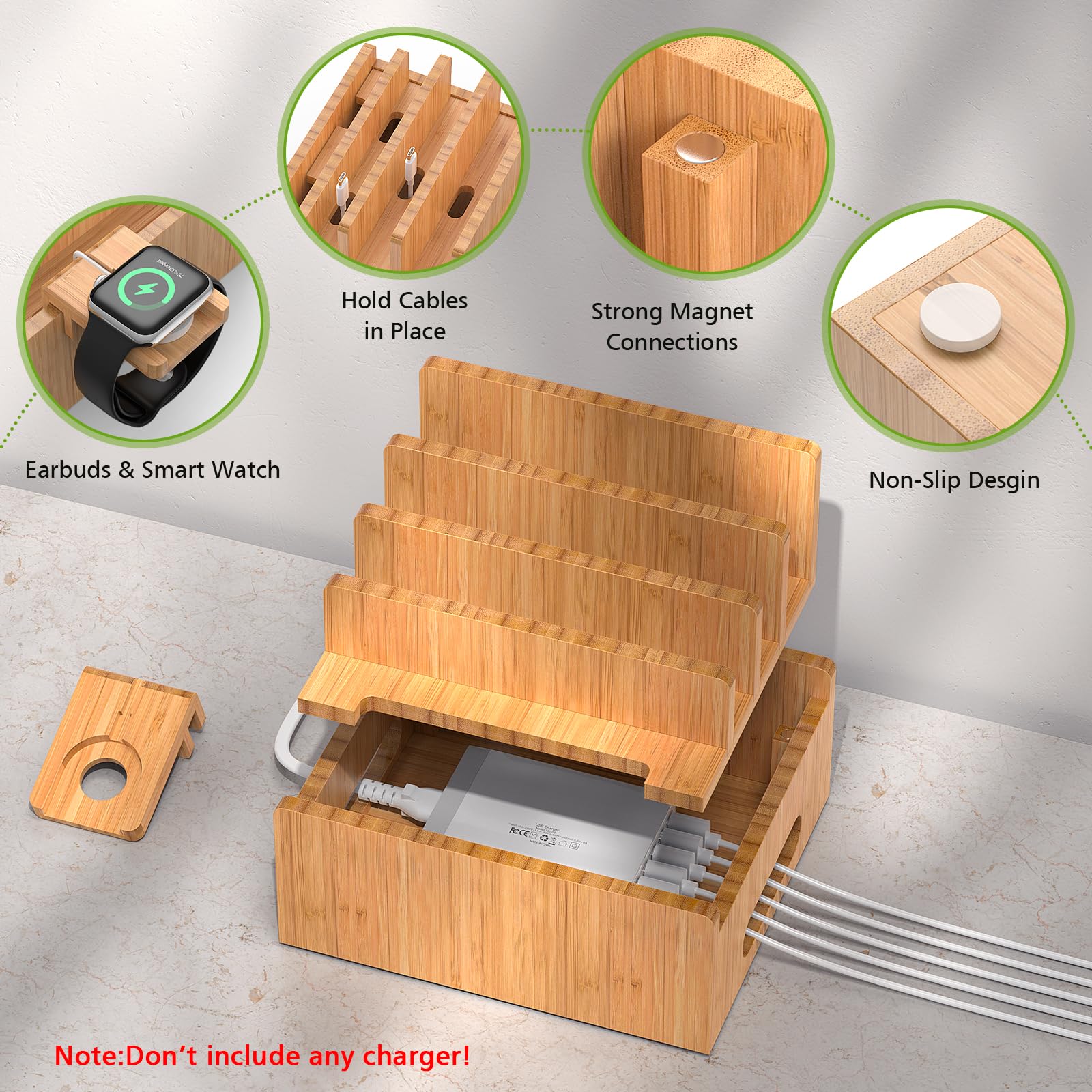 Pezin & Hulin Bamboo Charging Stand - Multi-Device Dock Organizer for iPhone, Android Phone, Tablet & Smart Watch - Includes 5 Charging Cables (No Power Adapter) - Perfect for Home, Office & Nightstand Organization