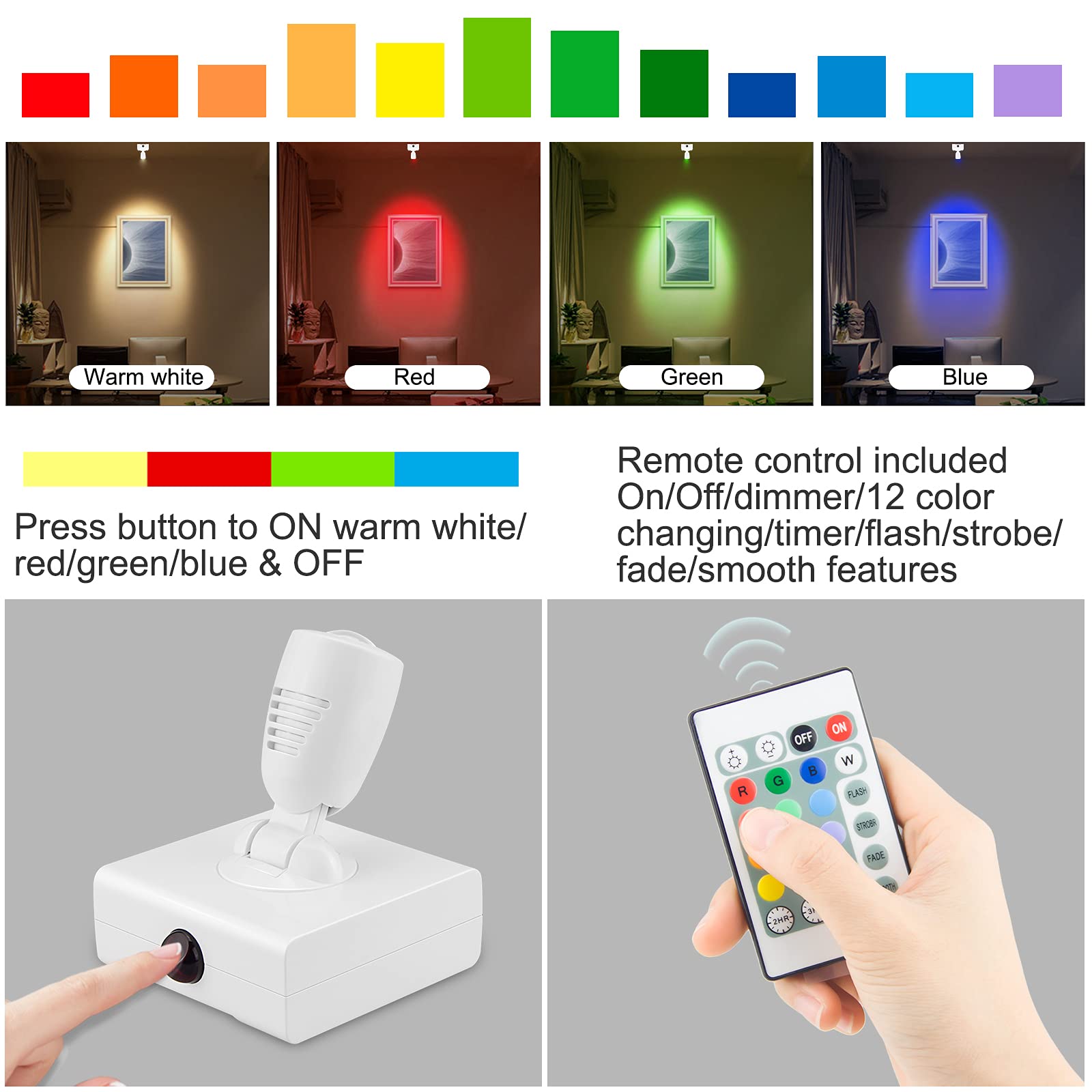 Rechargeable LED Spotlight - 12 Colors, Remote Control for Artwork & Closet Lighting (2-Pack)