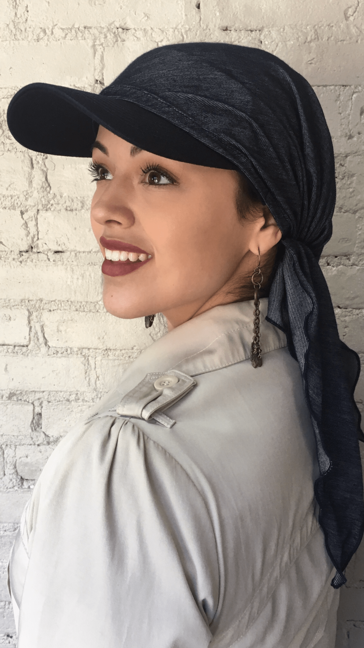 Blue & Black Denim Hijab Scarf for Women - Modest Tichel Headscarf with Sun Visor & Tie Back - Perfect for Outdoor Activities, Baseball Games, and Everyday Wear