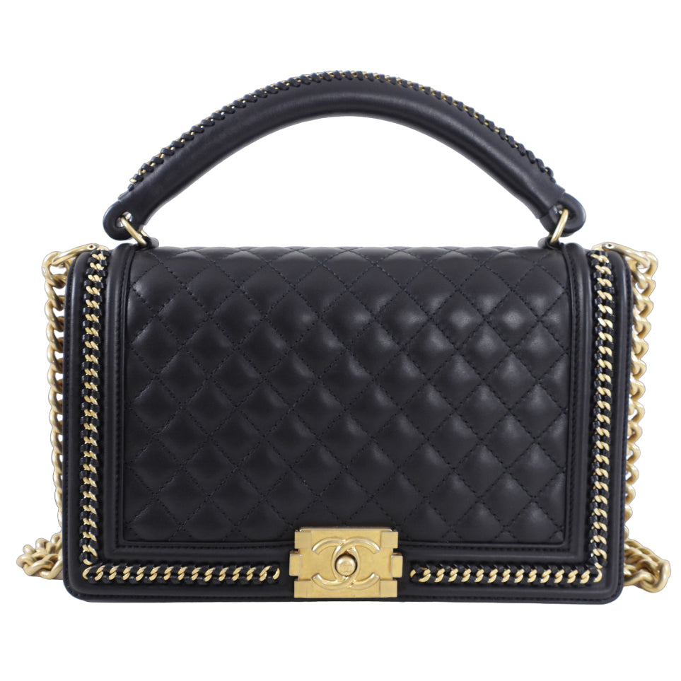 Chanel Large Black Quilted Boy Flap Bag with Top Handle - Luxury Designer Handbag for Women, Perfect for Evening Parties, Date Nights & Special Occasions
