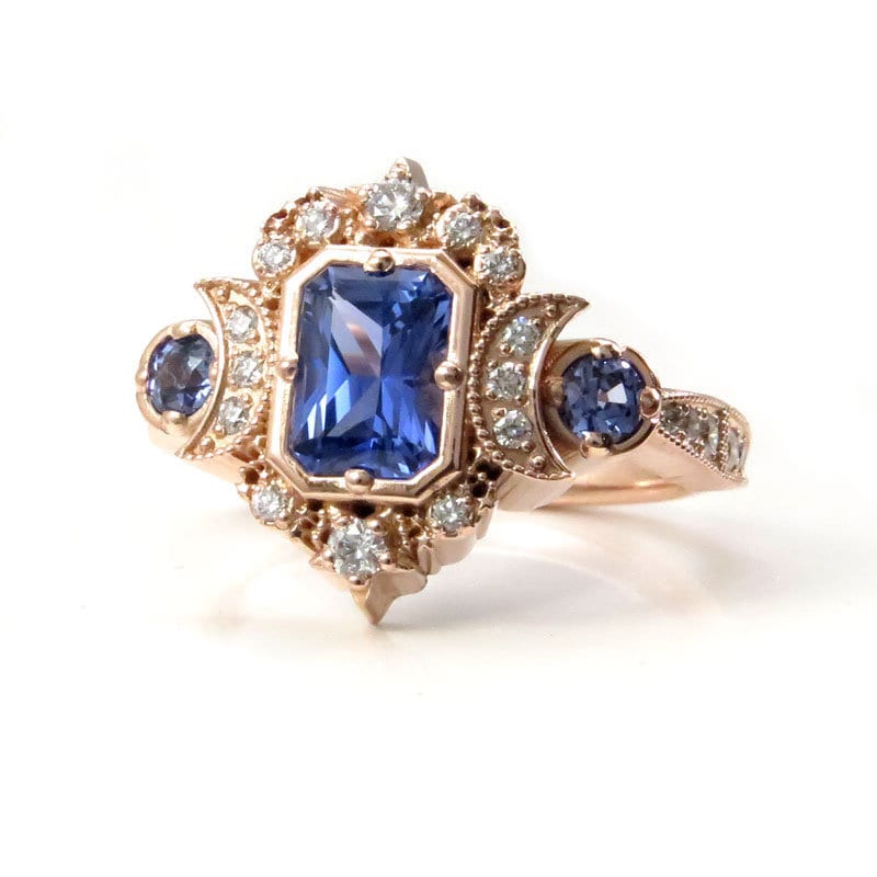 Chatham Sapphire Radiant Selene Triple Moon Engagement Ring - 14k Rose Gold with Diamonds & Radiant Cut Blue Chatham Sapphires | Perfect for Proposals, Anniversaries & Romantic Gifts
