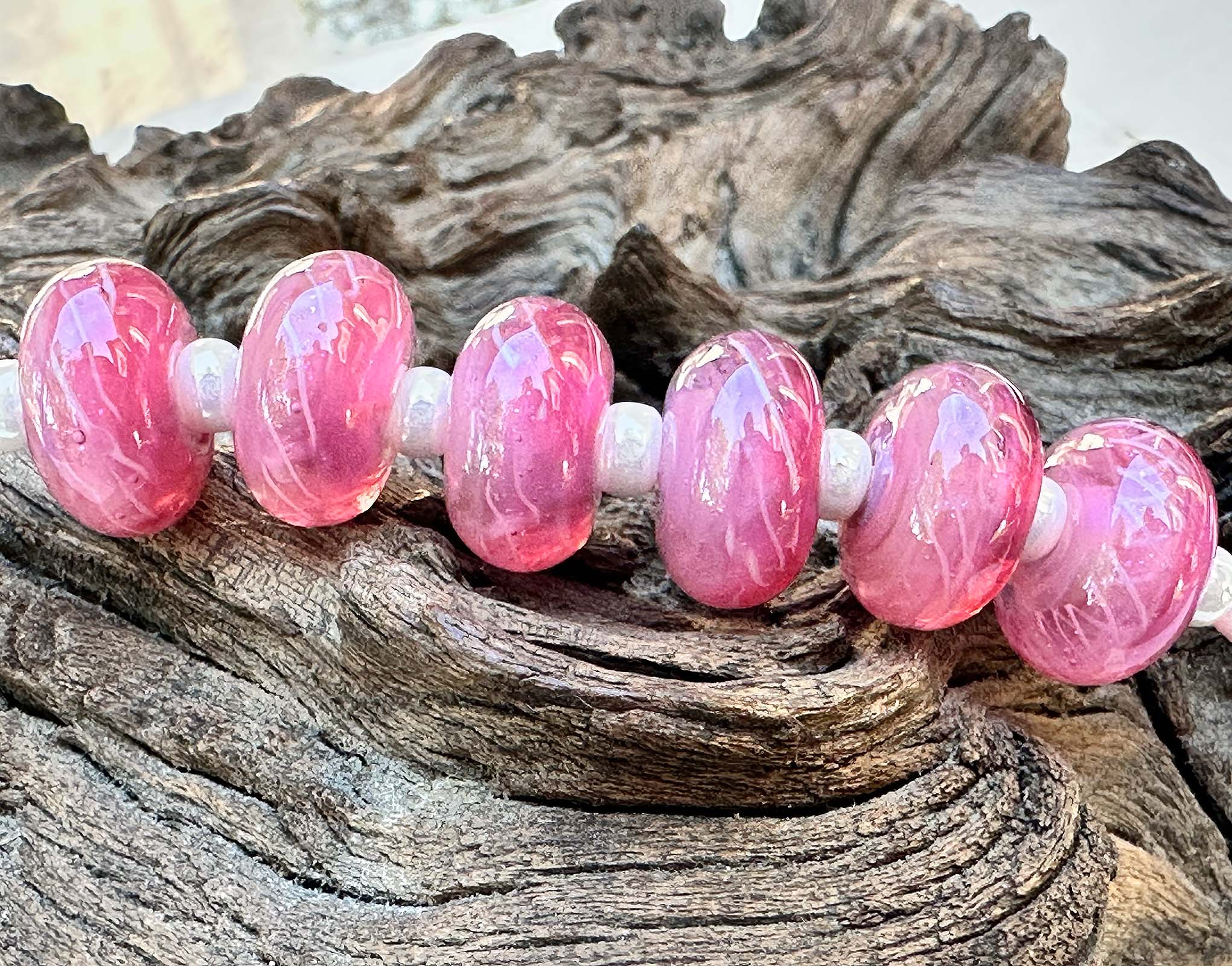 6 Peony Glow Pink Lampwork Glass Beads Set for Jewelry Making - DIY Bracelet, Necklace & Craft Projects - SRA Certified